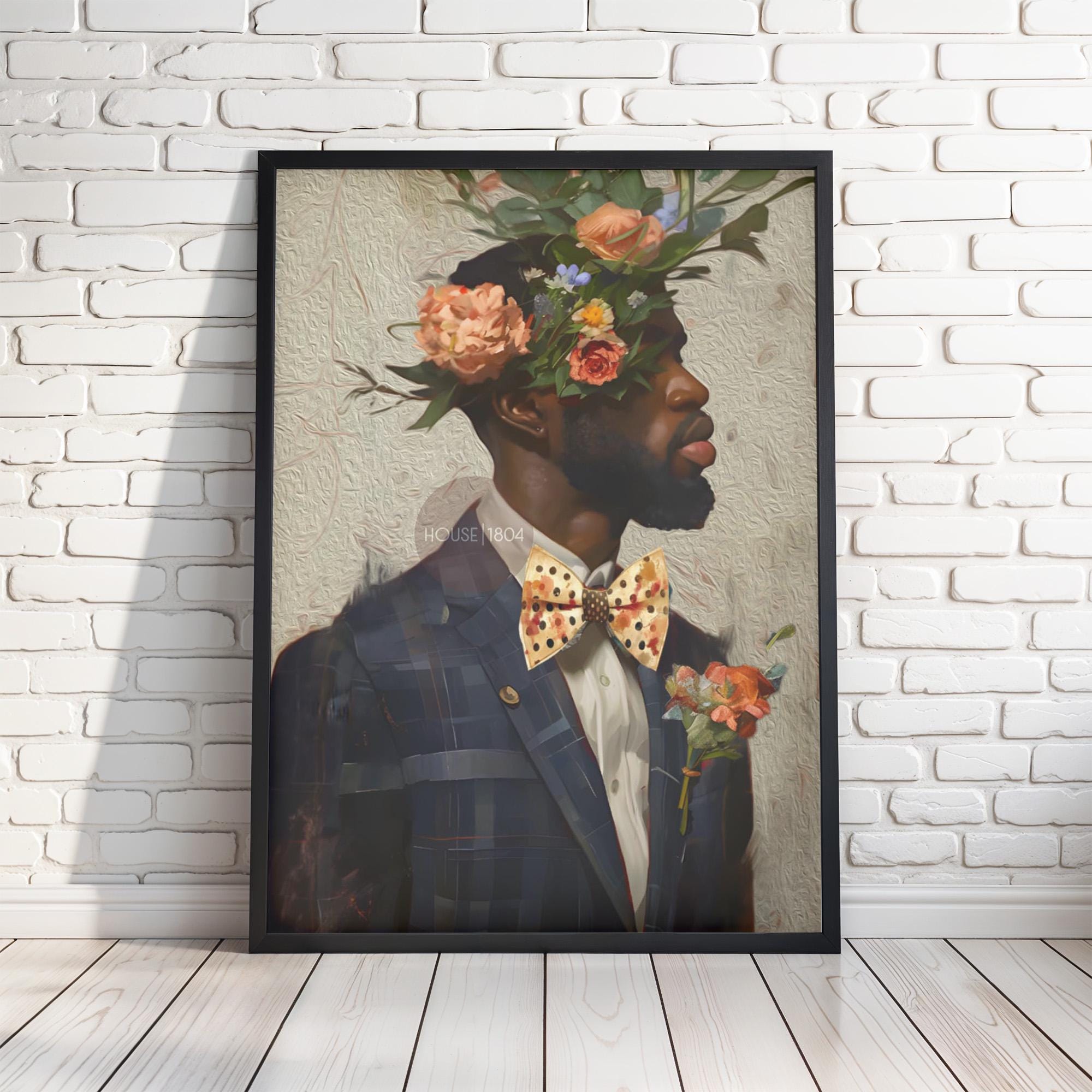 Black Man Suit Wall Art, Flower Beard Art, Vintage Portrait,