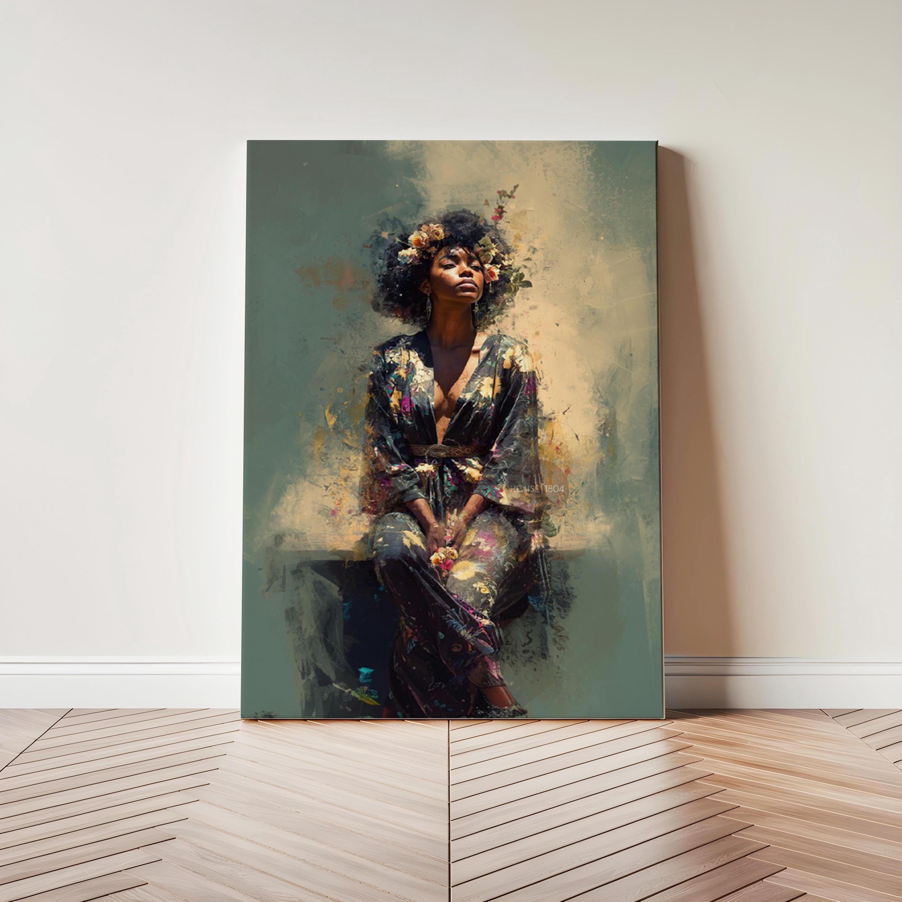 Bohemian Black Woman Art: Watercolor Canvas Portrait