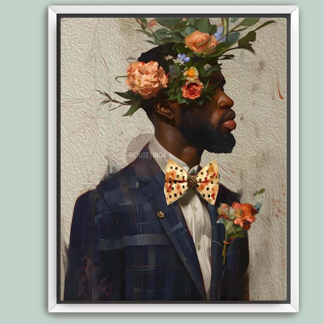 Black Man Suit Wall Art, Flower Beard Art, Vintage Portrait,