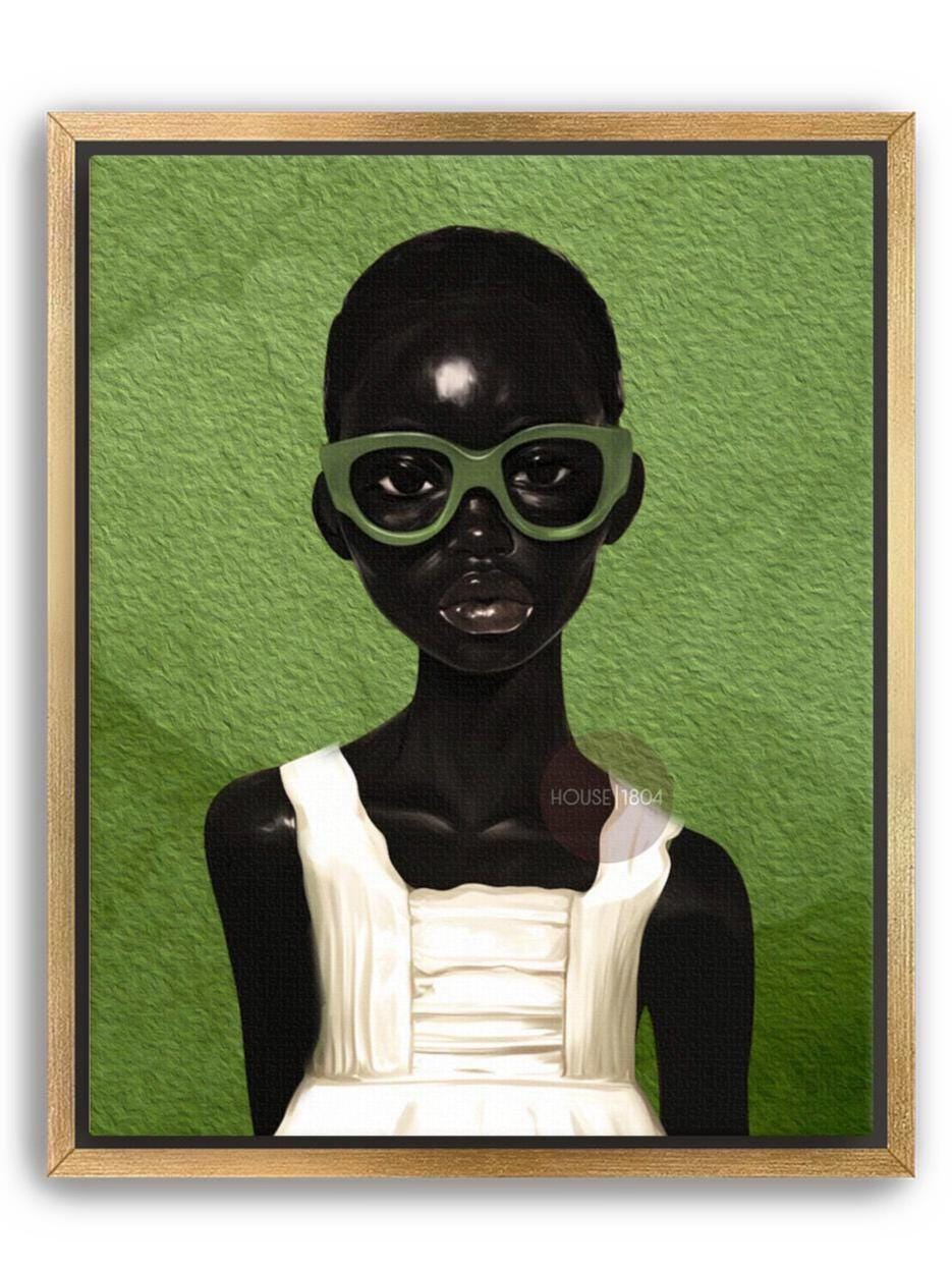 Green boho Black girl portrait canvas wall decor for home office