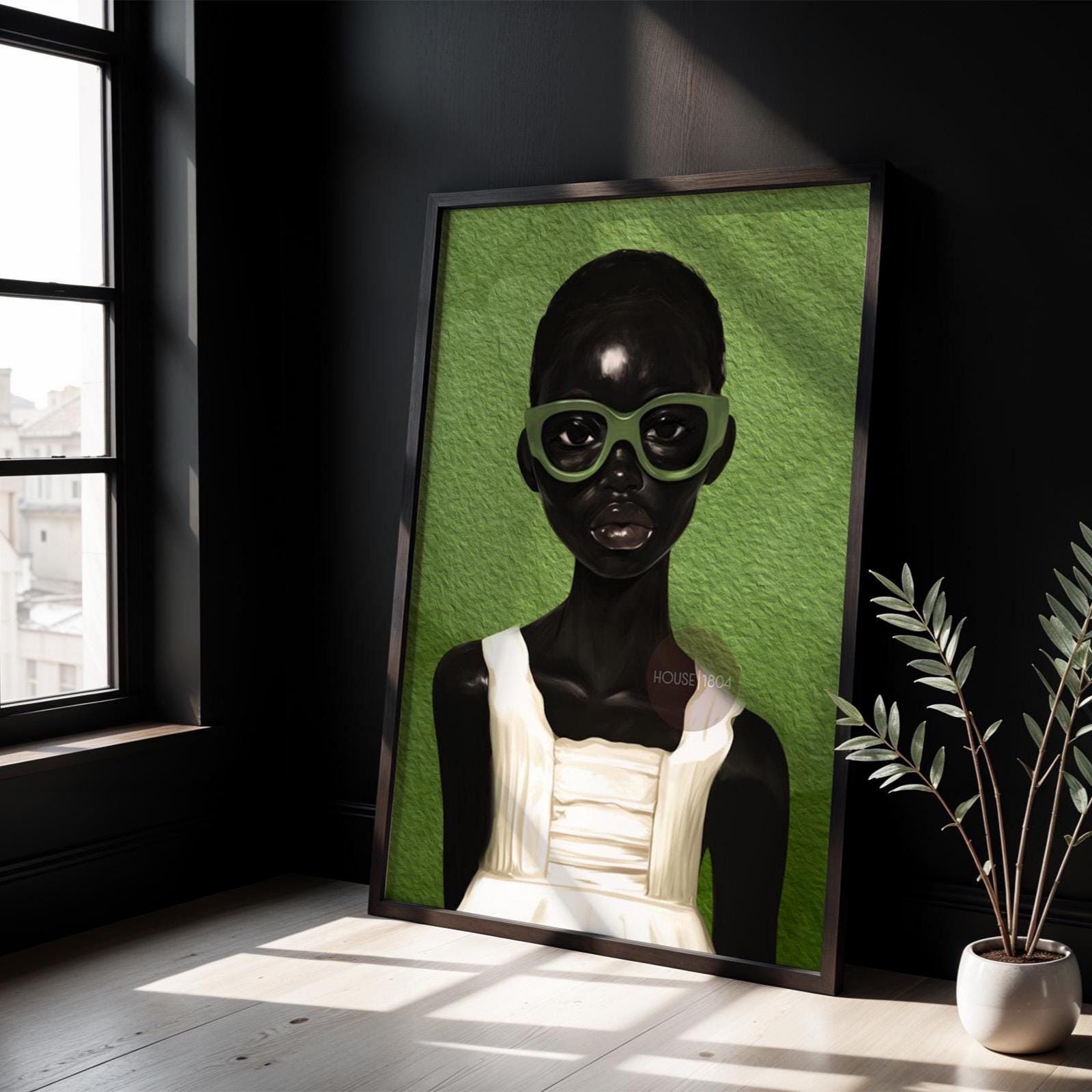 Green boho Black girl portrait canvas wall decor for home office