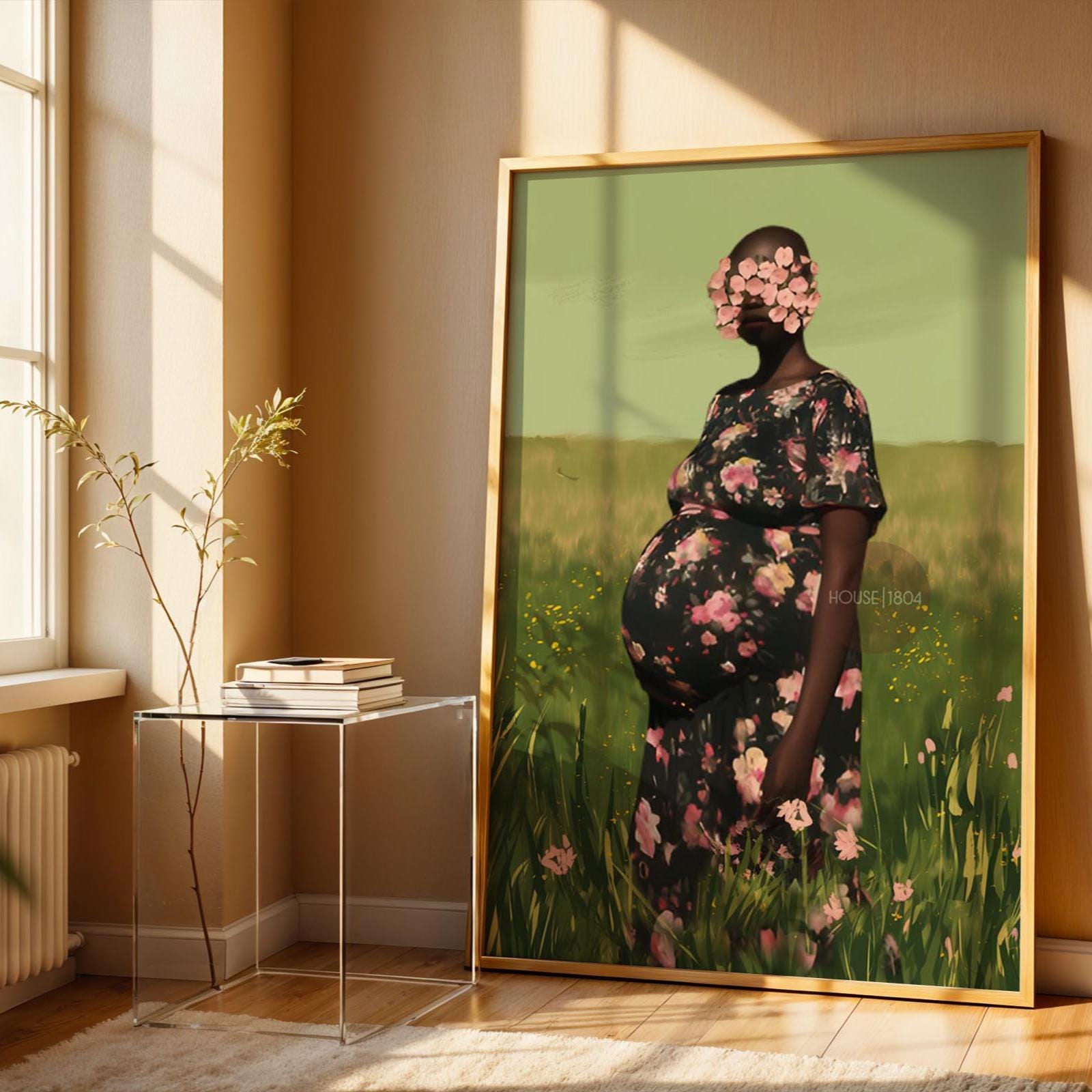 Black Pregnancy Wall Art: Colorful Motherhood, Pink and Green