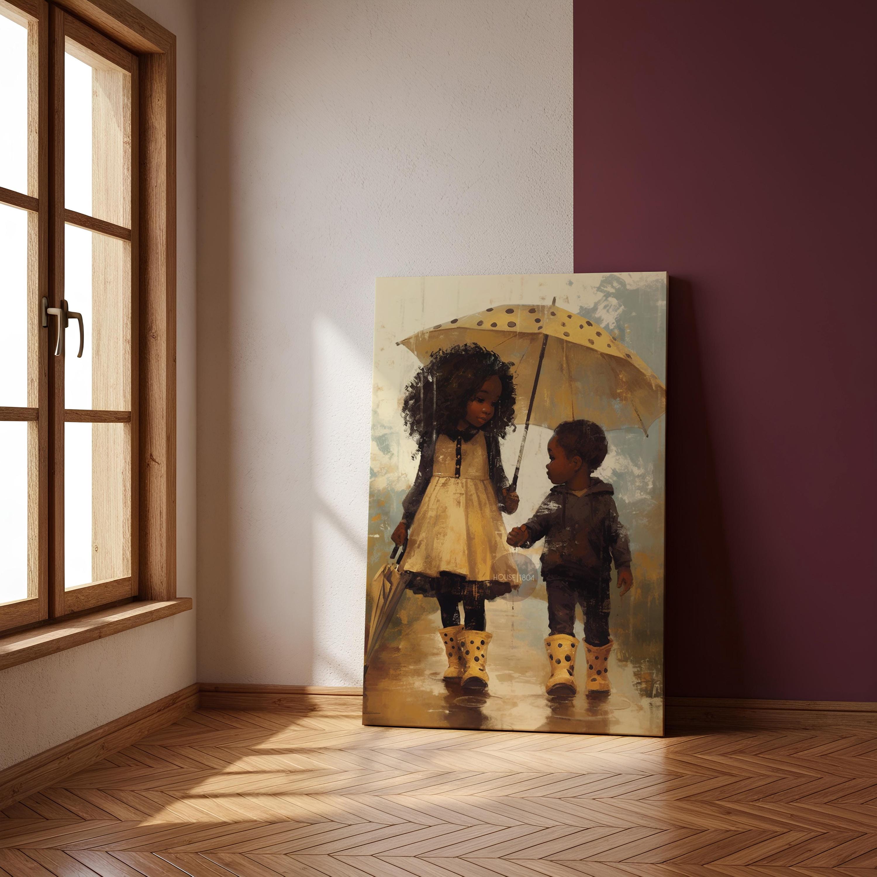 Black Sibling Art Print: Brother and Sister in Rain
