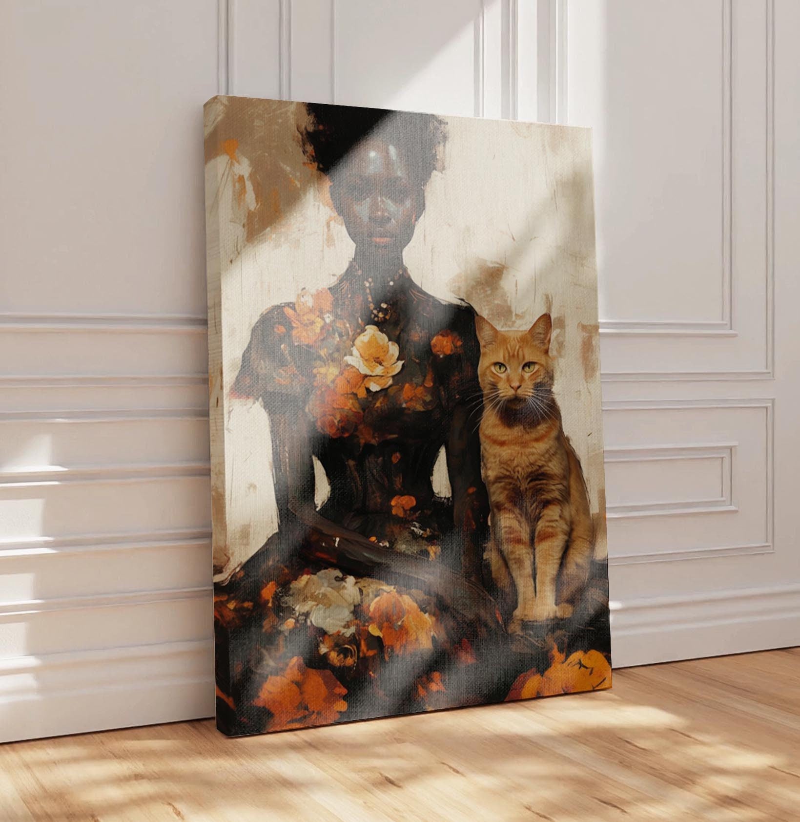 Abstract Black Woman Art, Black Woman Flower Art, Black Woman Cat Lady, Lady with Cat Art, Ginger Cat Art, Black People Pet, Orange Cat Lady