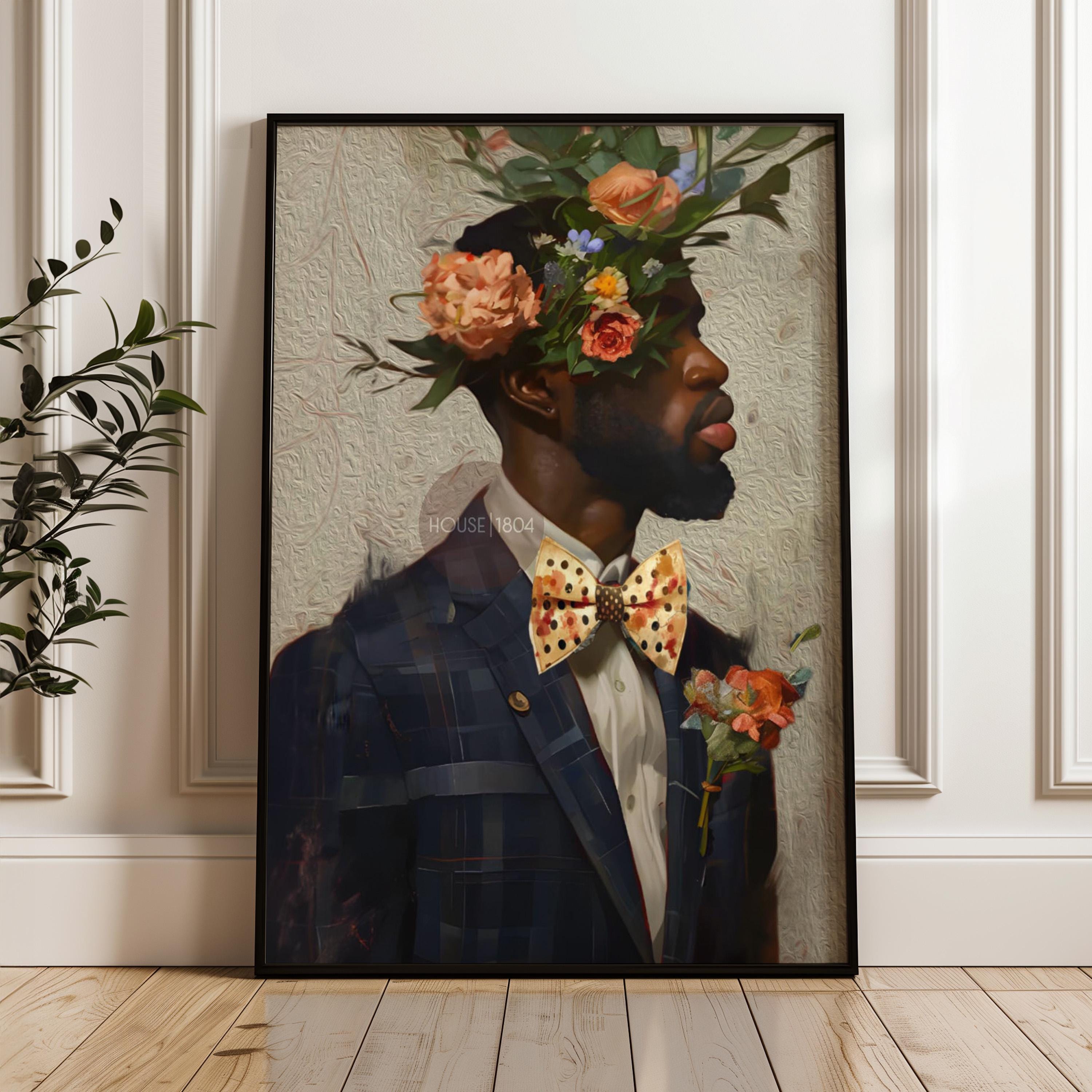 Black Man Suit Wall Art, Flower Beard Art, Vintage Portrait,