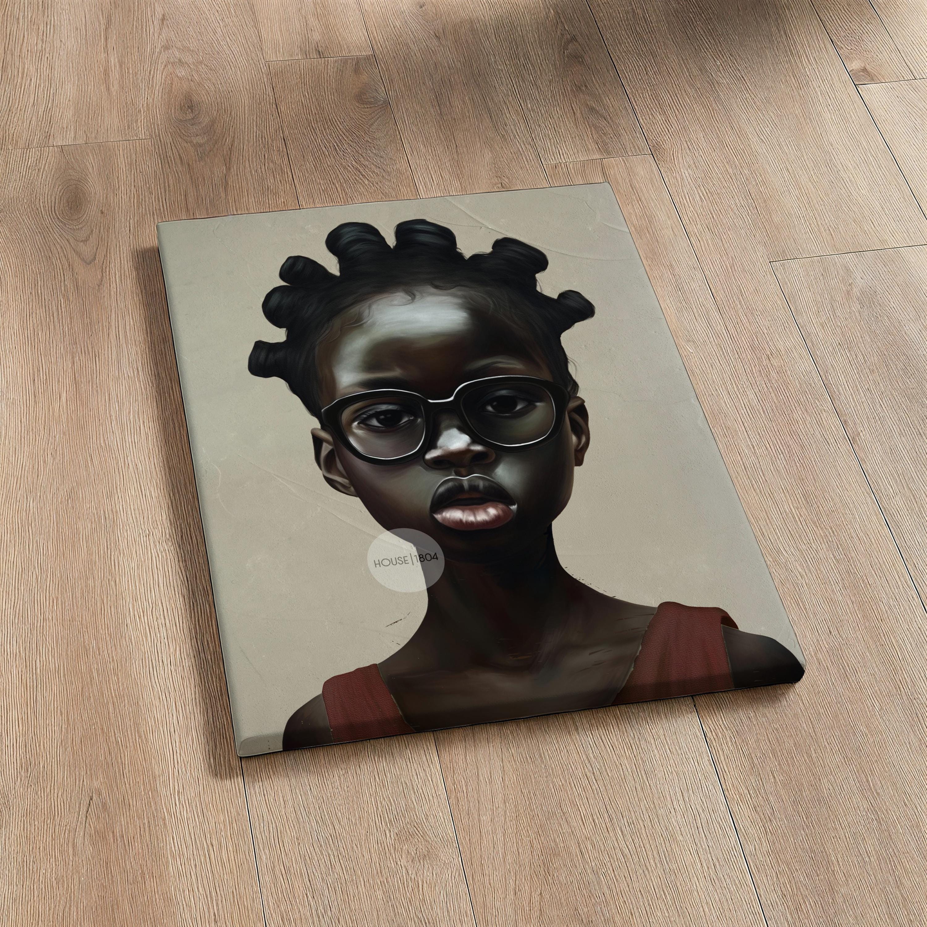 The image is a digital artwork depicting a young African woman with braided hair and glasses, wearing a red top.