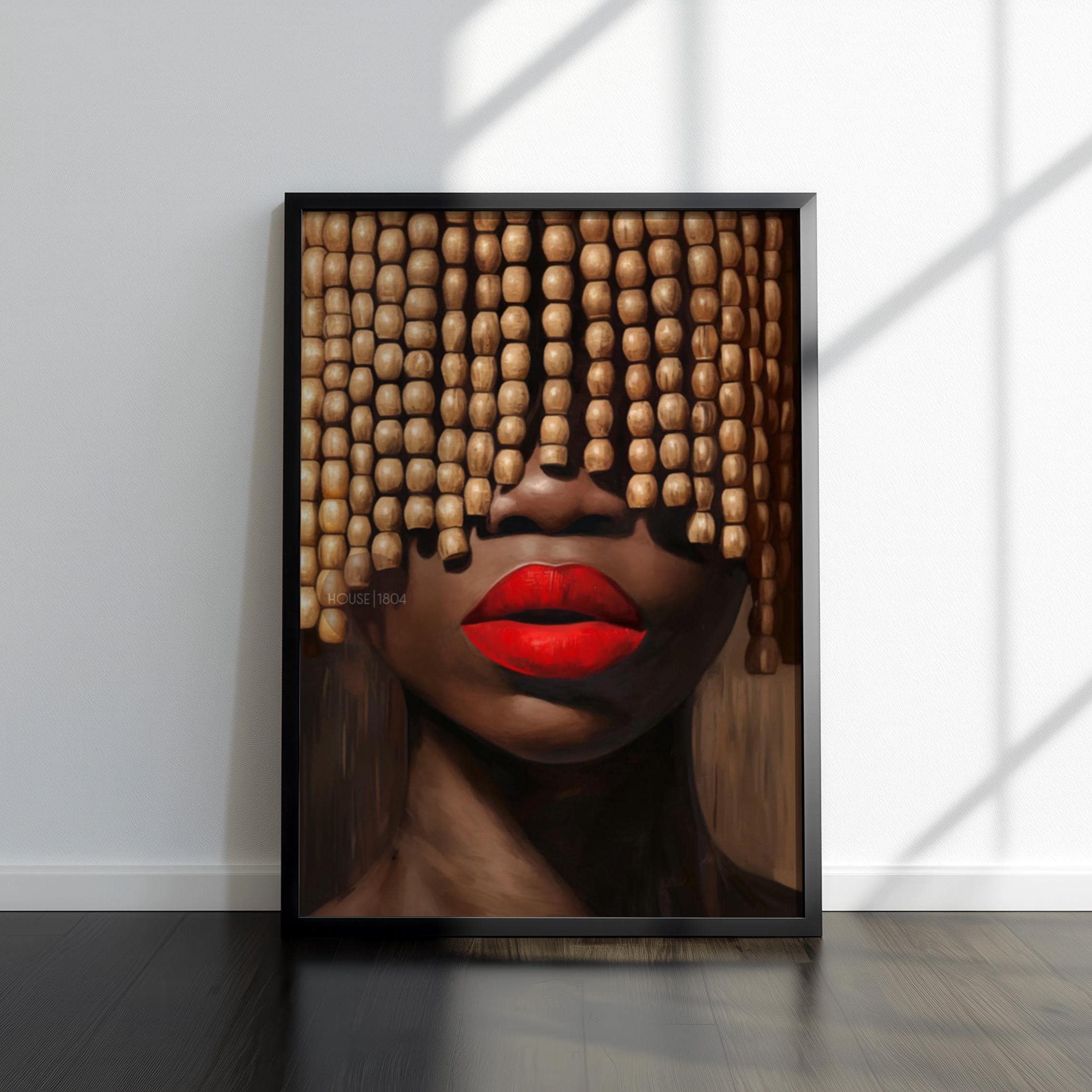 Black Woman Art Print: Beaded Headpiece Wall Art, Bold Black Woman Wall Art, Black Interior Design Print, African American Canvas Decor