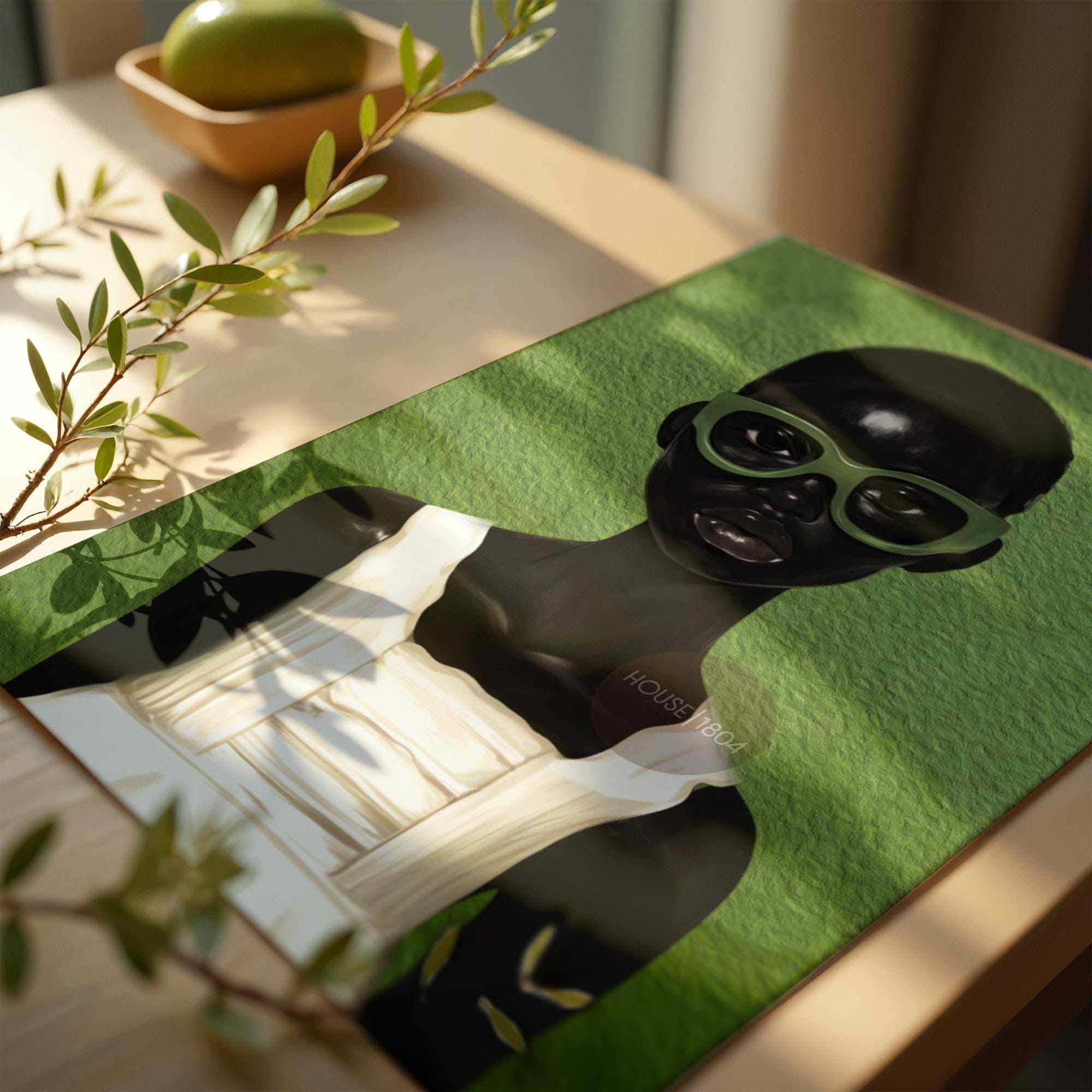 Green abstract Black girl portrait canvas art modern bohemian wall decor