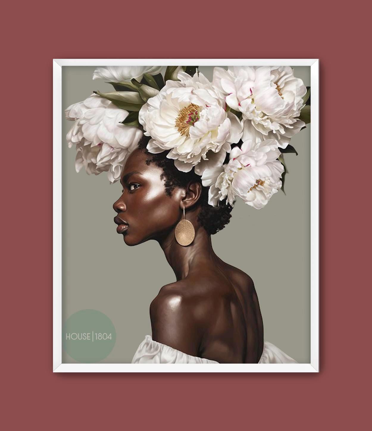 Black Woman Head Flowers, Black Woman Art Print, Gift for Black Women, Black Woman Boho Wall Art, Black Art Poster, Black Woman Floral Art