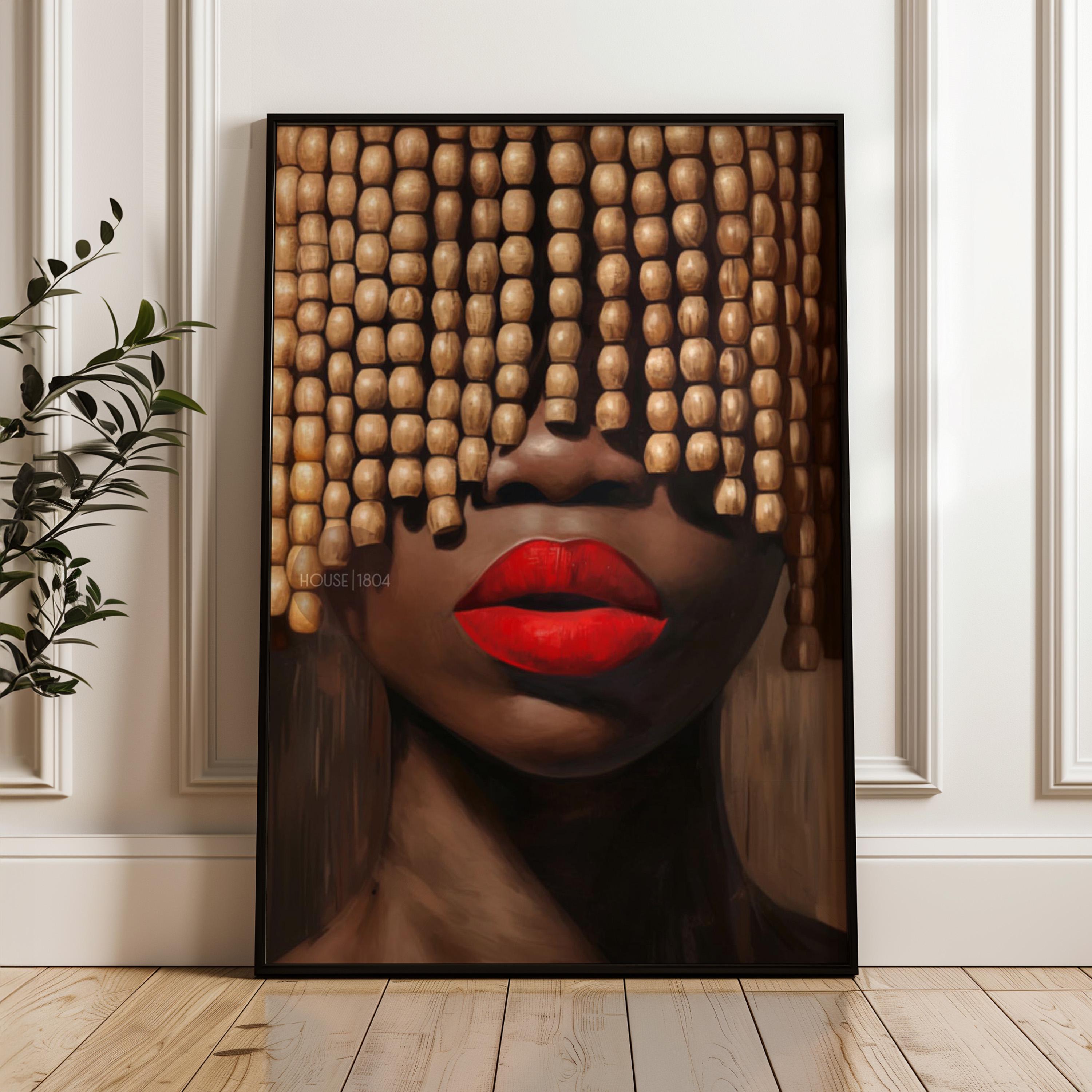 Black Woman Art Print: Beaded Headpiece Wall Art, Bold Black Woman Wall Art, Black Interior Design Print, African American Canvas Decor