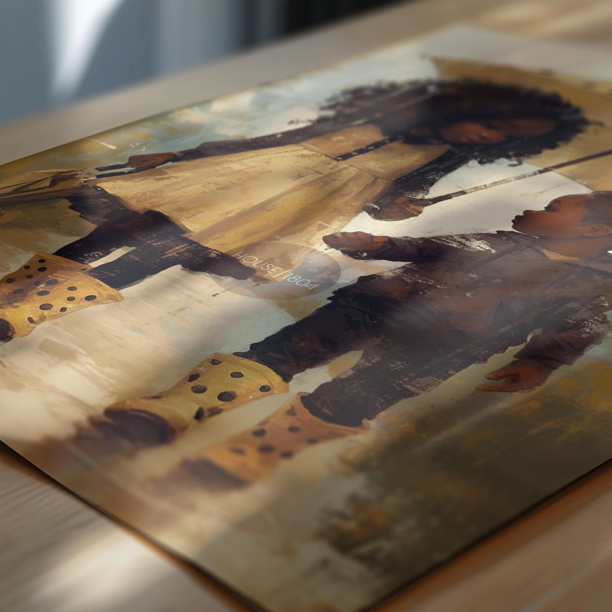 Black Sibling Art Print: Brother and Sister in Rain