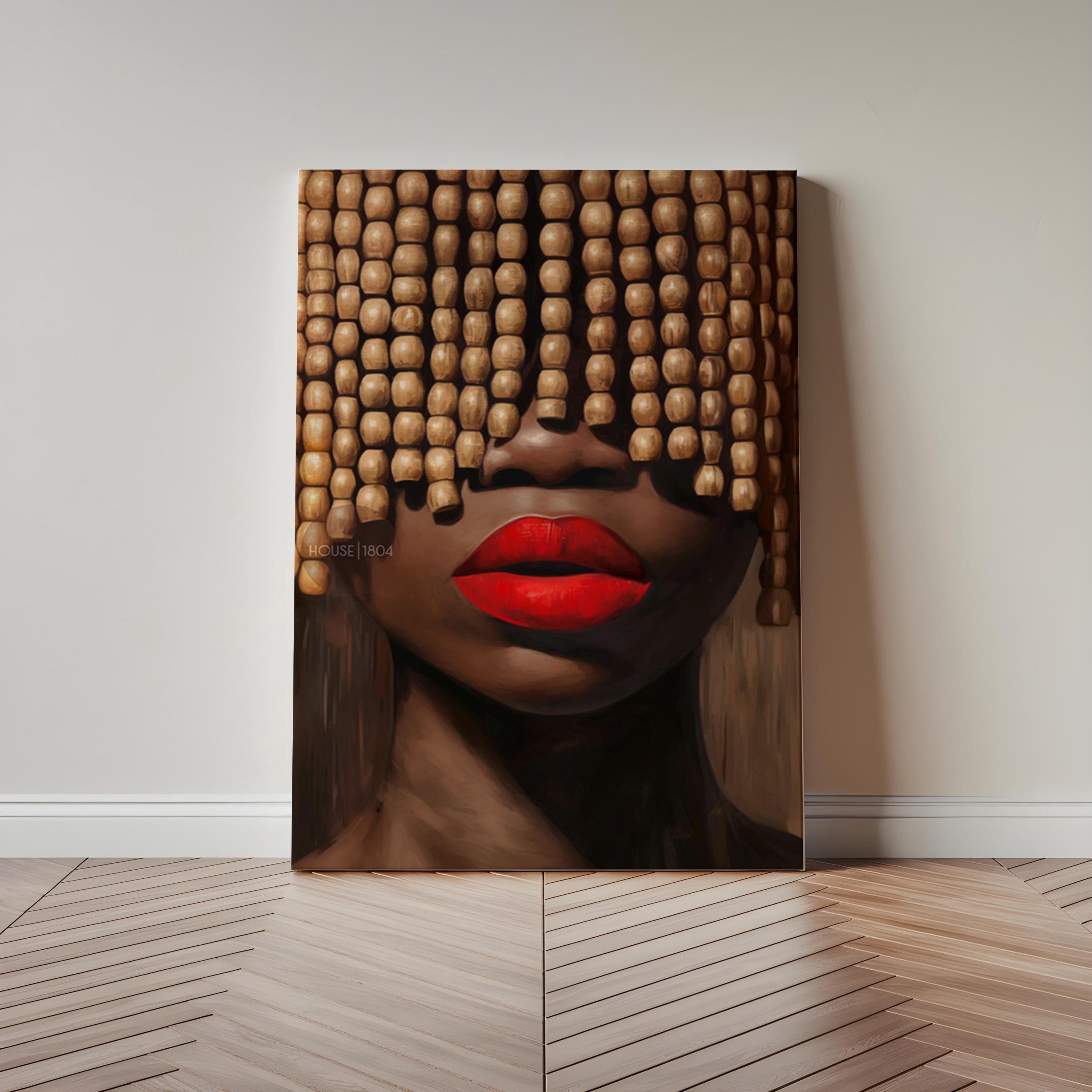 Black Woman Art Print: Beaded Headpiece Wall Art, Bold Black Woman Wall Art, Black Interior Design Print, African American Canvas Decor