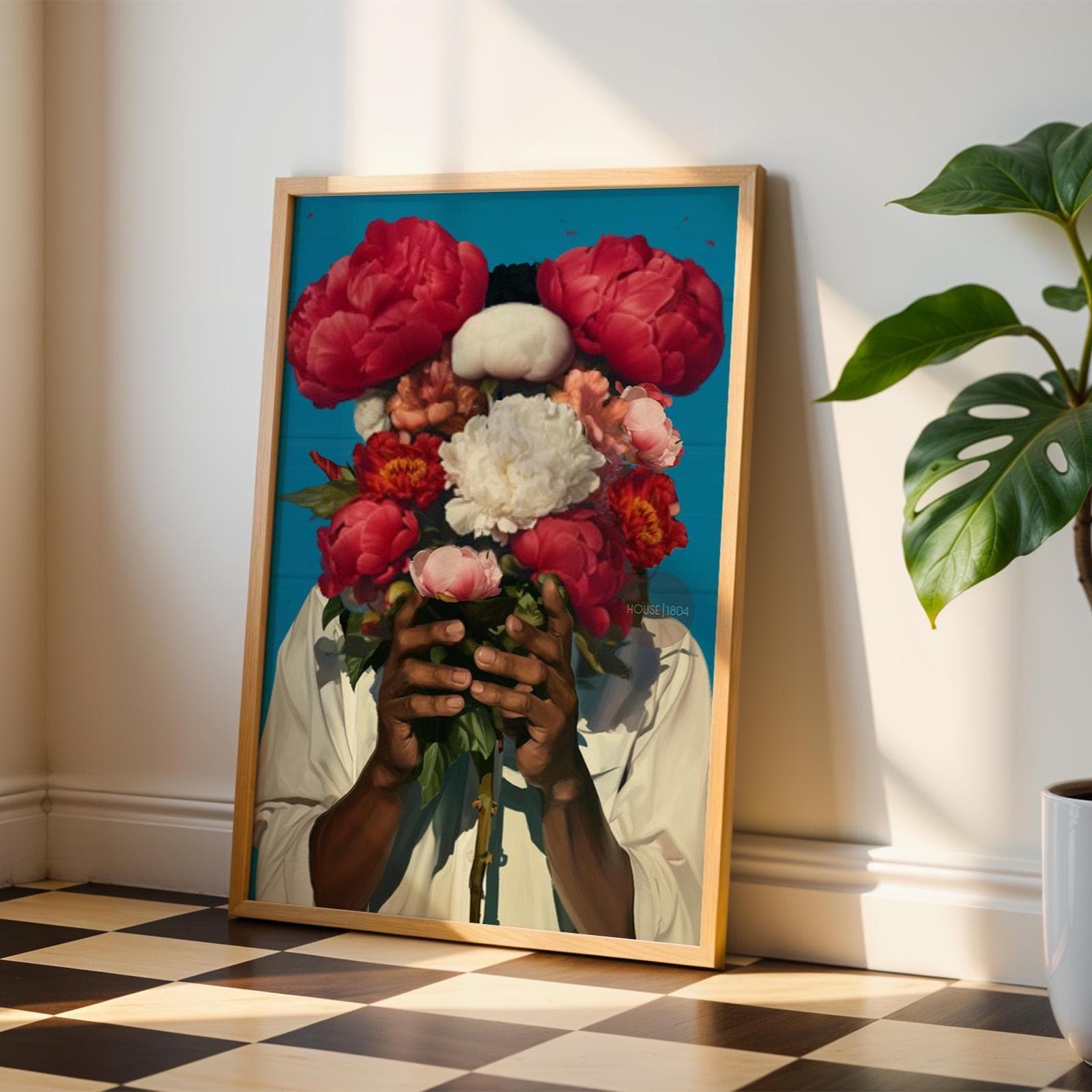 Abstract Floral Portrait Art Print: Black Man Holding Flowers
