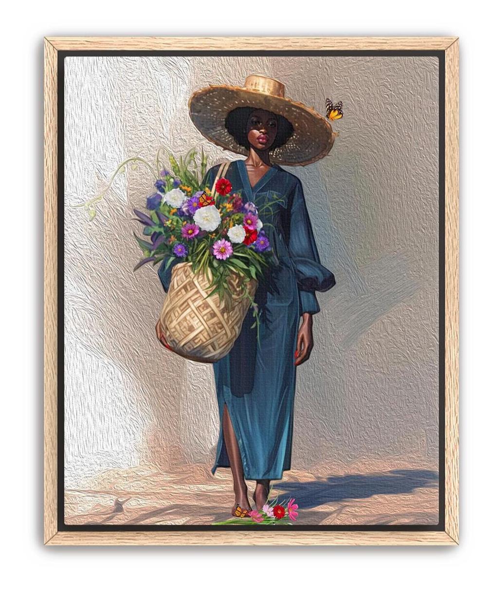 Black Woman Floral Canvas Art, Tropical Botanical Woman Portrait, Plant Lady with Flowers Canvas Art