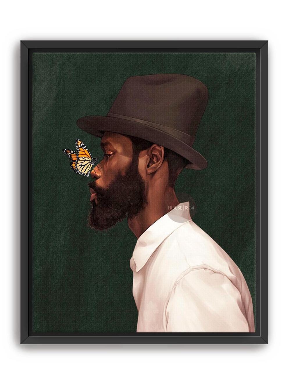 Black Man Side Top Hat Art Print: Butterfly, Afrocentric Green Art Decor