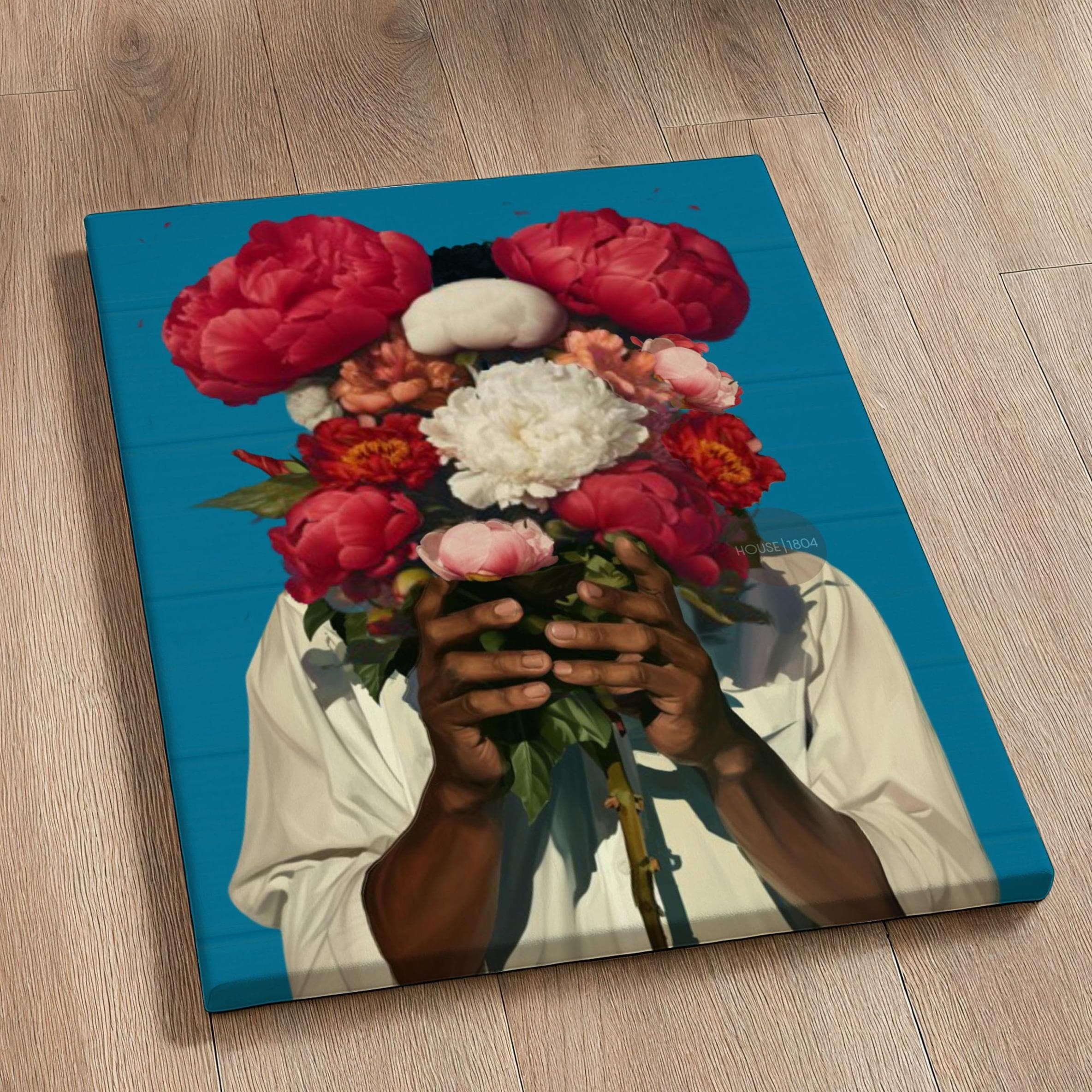 Abstract Floral Portrait Art Print: Black Man Holding Flowers