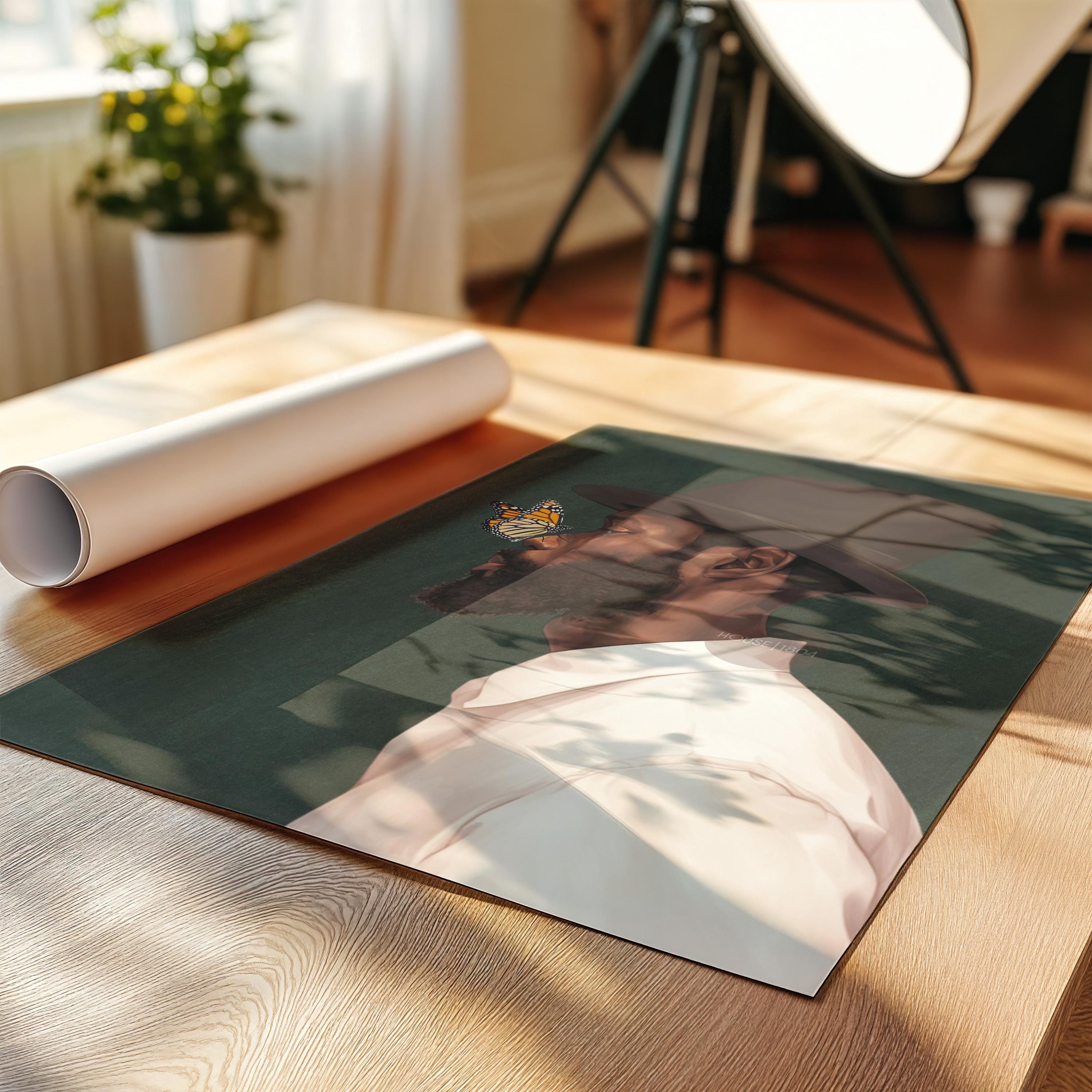 Black Man Side Top Hat Art Print: Butterfly, Afrocentric Green Art Decor