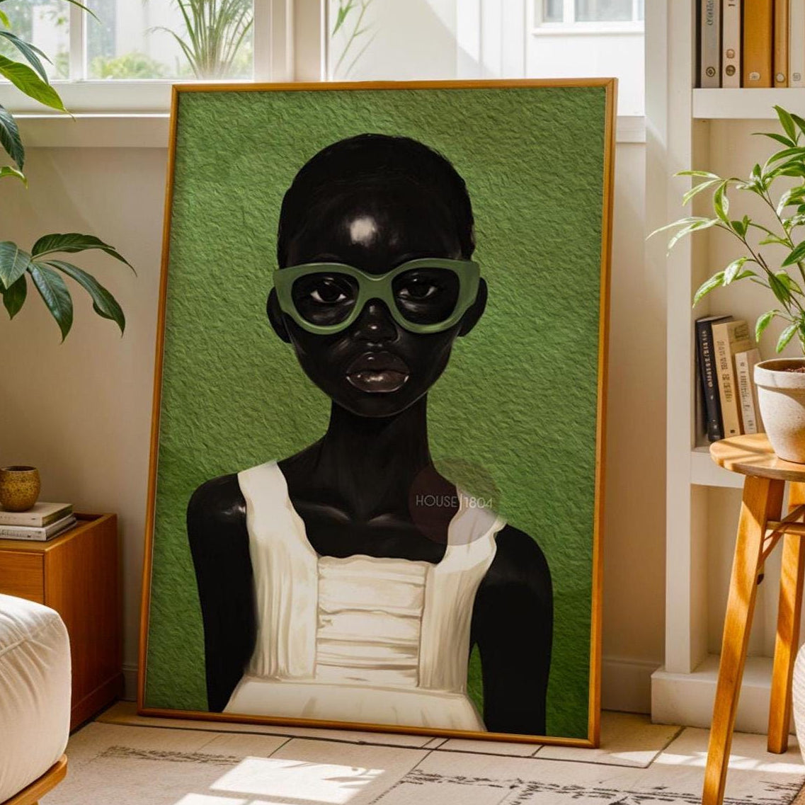 Black girl abstract portrait wall art green boho print for bedroom decor
