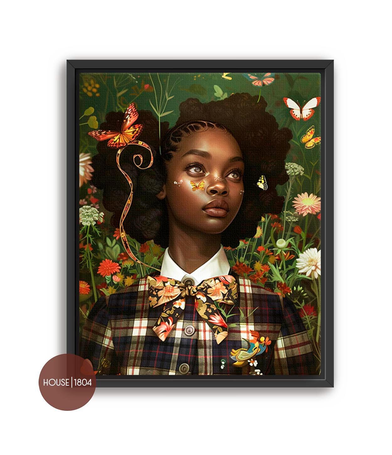 Futuristic School Girl Art, Black Girl Art Print, Black Boho Floral Art, Black Art Print, Bohemian Home Decor, Modern Caribbean School Girl