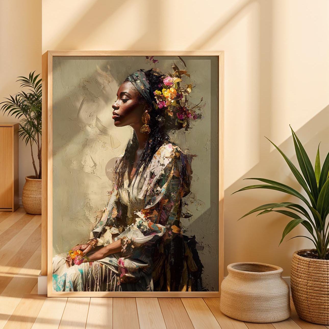 Black Woman Portrait Art Print: Modern African American Beige Background