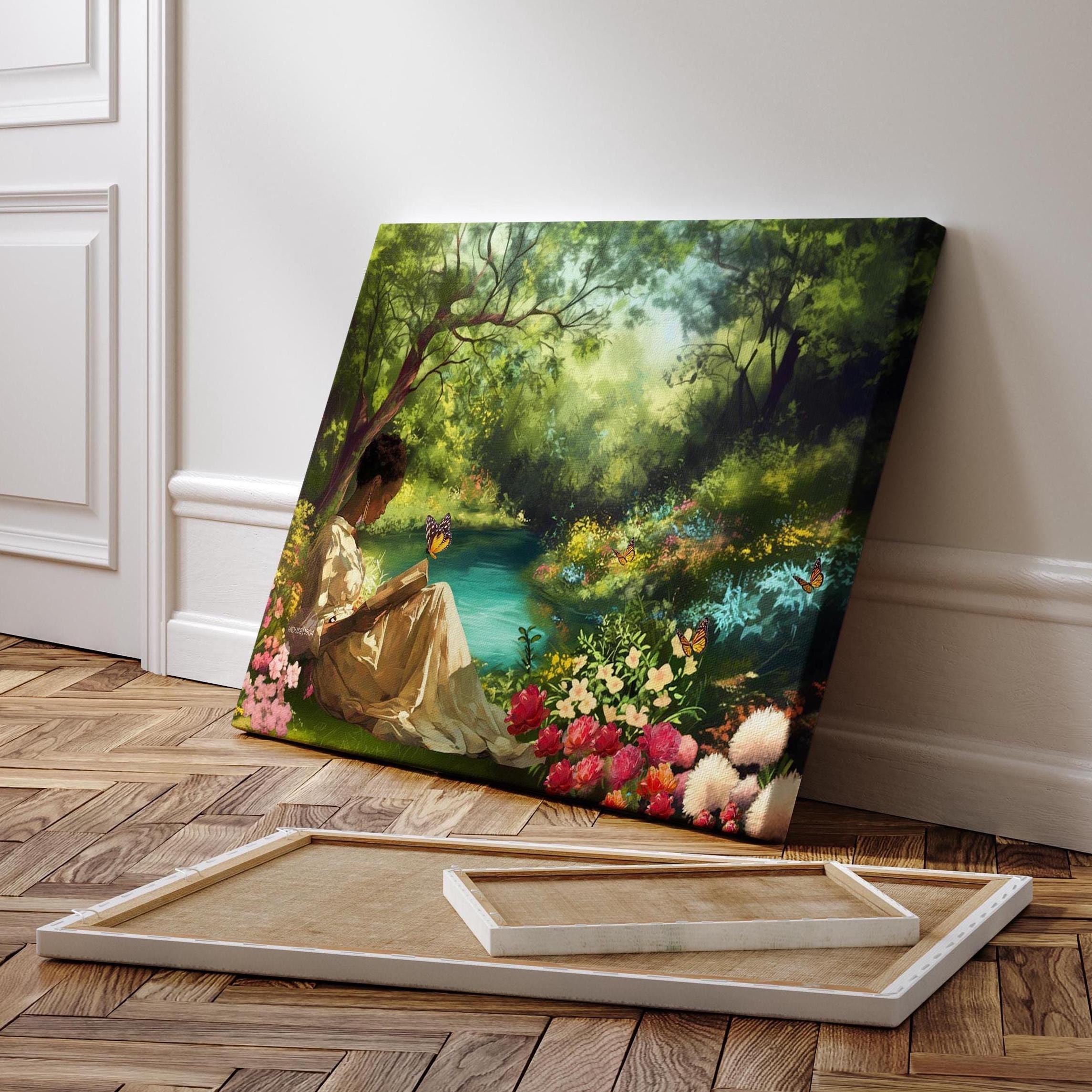 Black Woman Reading Book In Floral Garden Art Print: Vintage Garden Canvas