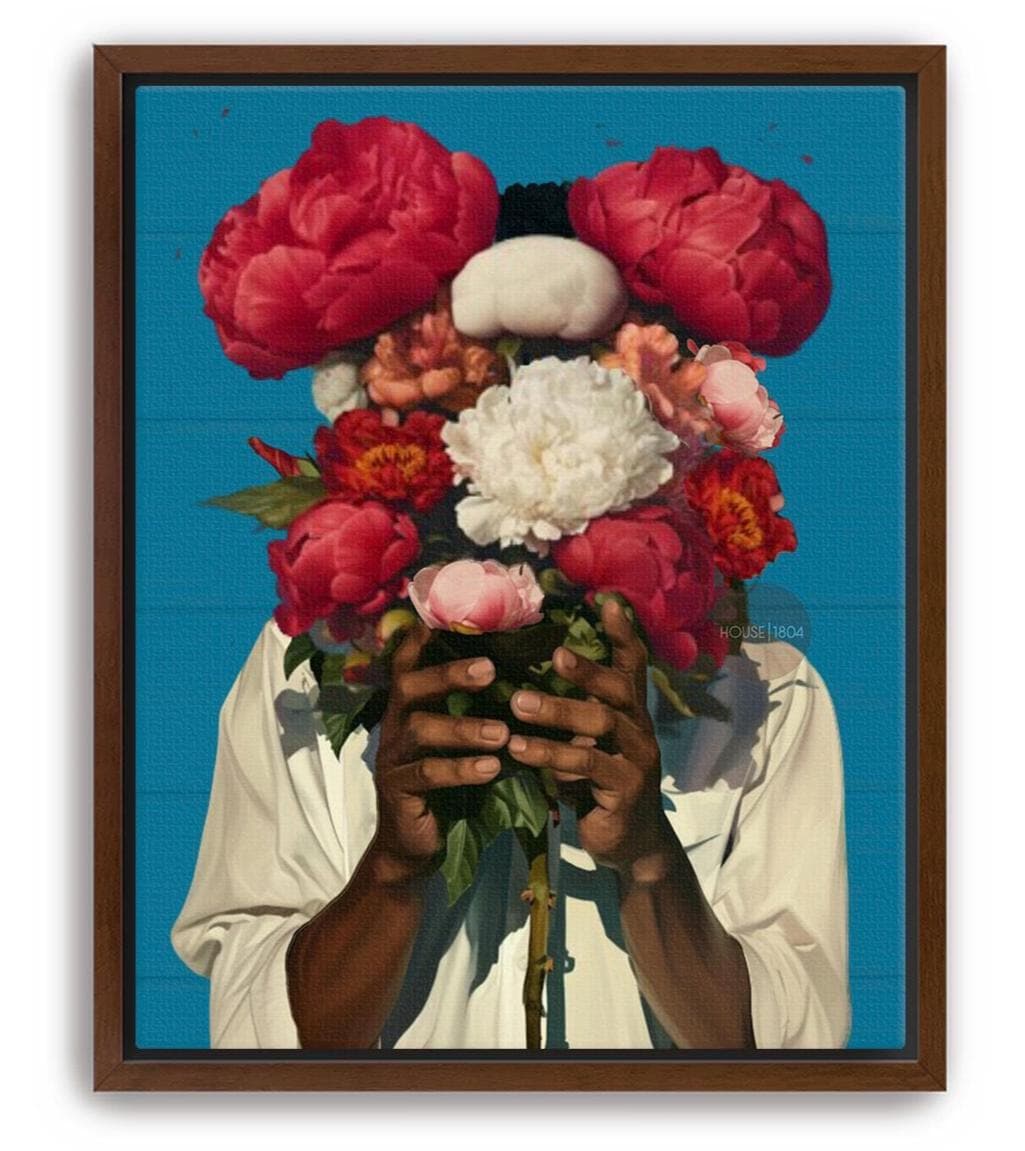 Abstract Floral Portrait Art Print: Black Man Holding Flowers