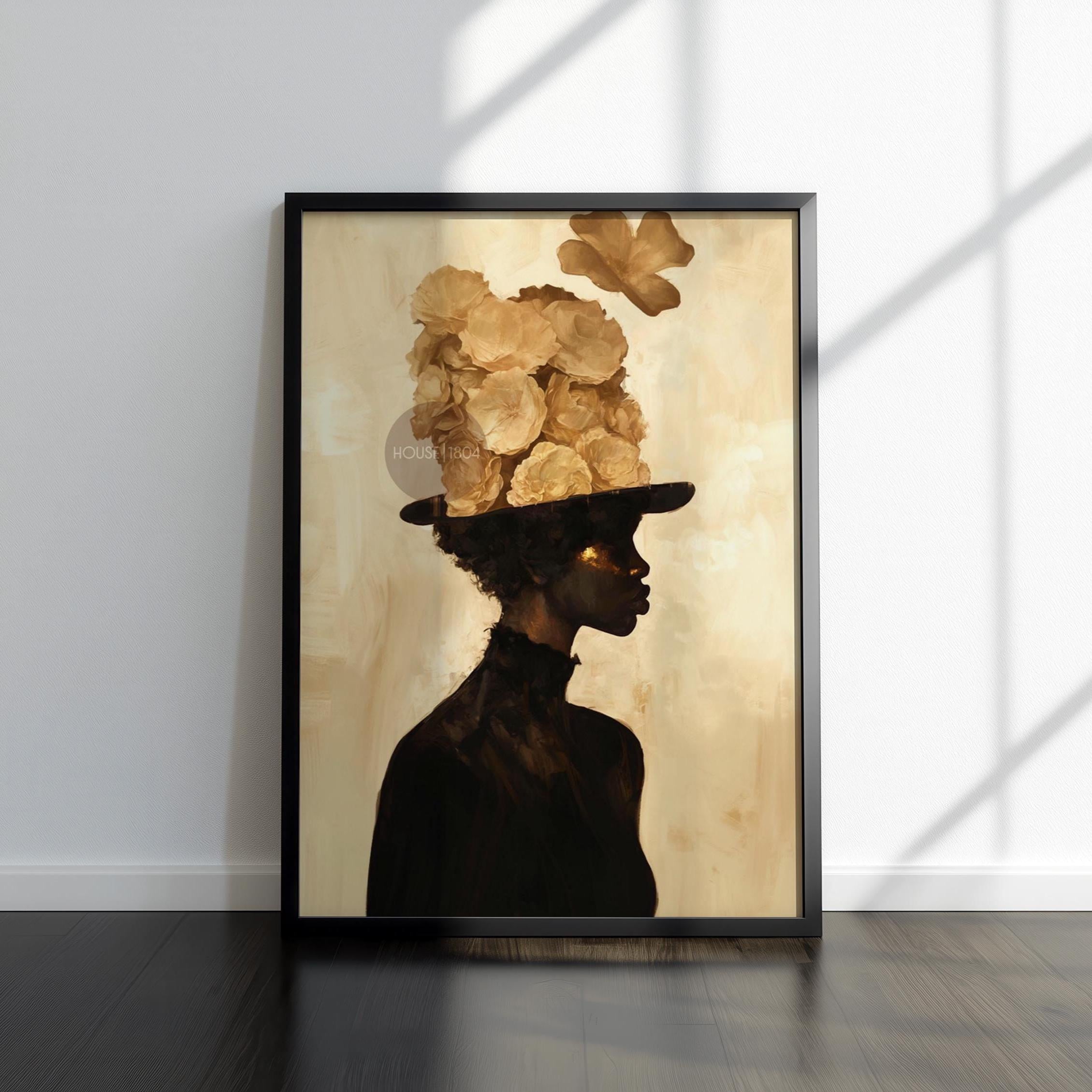 Black Woman Art Print: Gold Accent Abstract, Framed Canvas