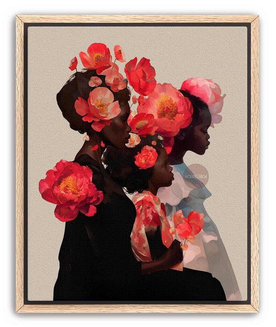 Black Mother and Two Daughters Framed Canvas Wall Art Print: