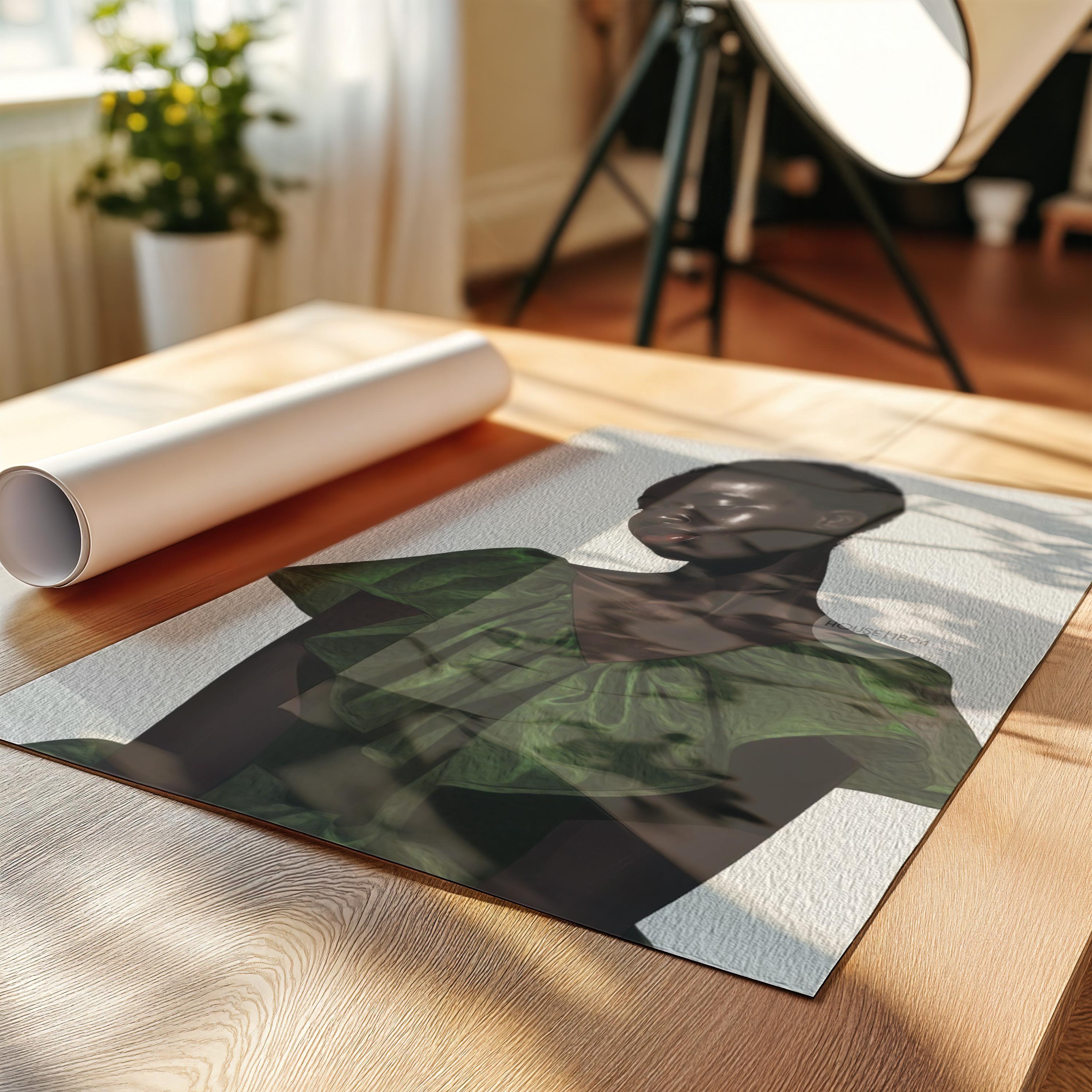 a close-up of a printed artwork depicting a person wearing a green dress, placed on a wooden surface.