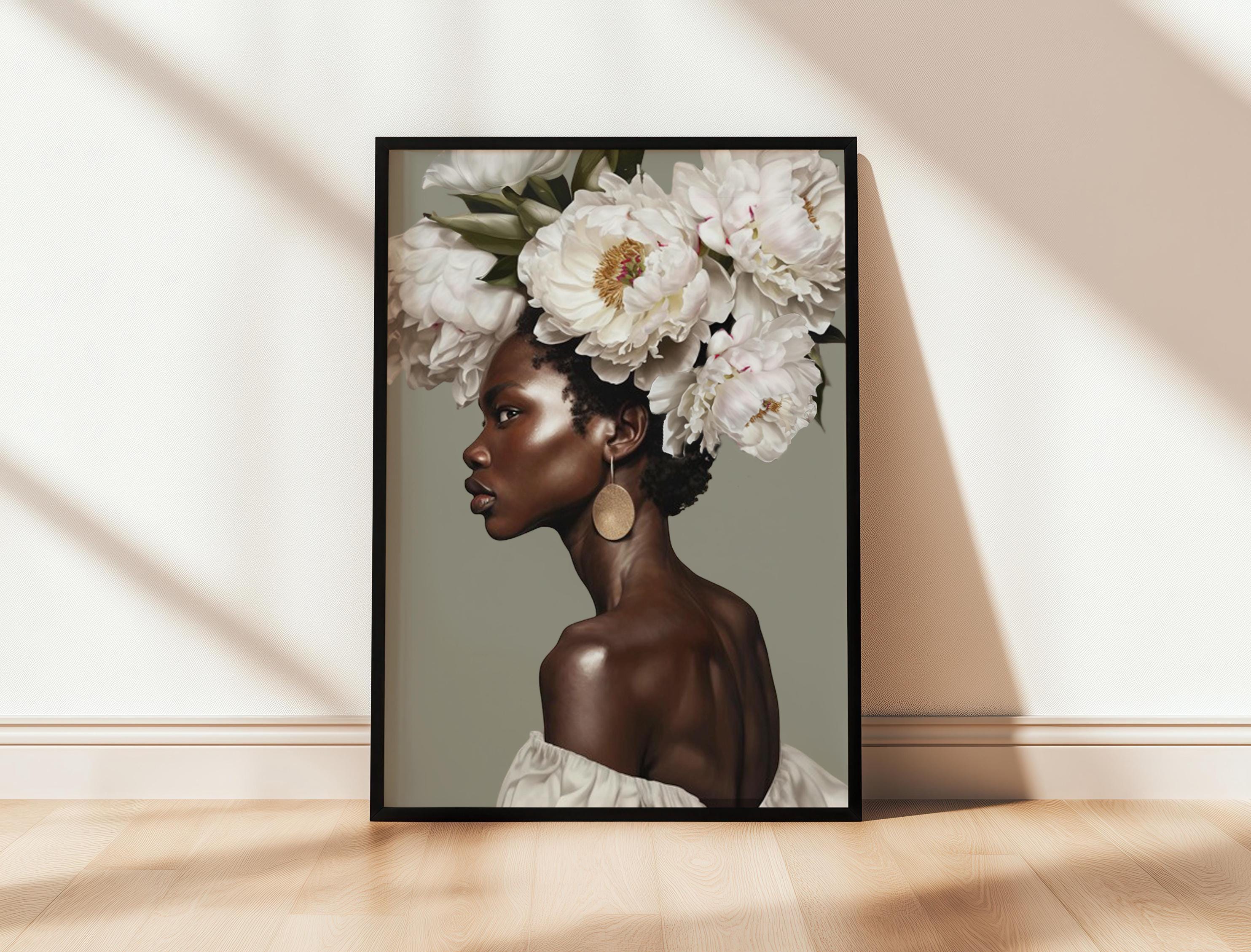 Black Woman Head Flowers, Black Woman Art Print, Gift for Black Women, Black Woman Boho Wall Art, Black Art Poster, Black Woman Floral Art