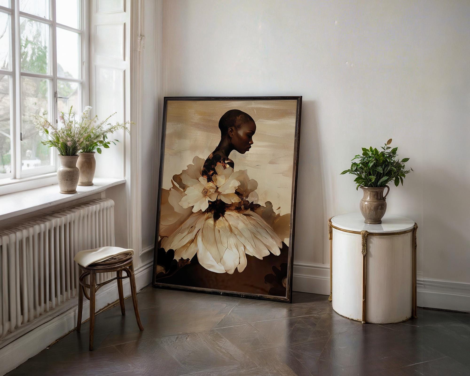 Abstract Black Woman Floral Art Print: Boho Home Decor