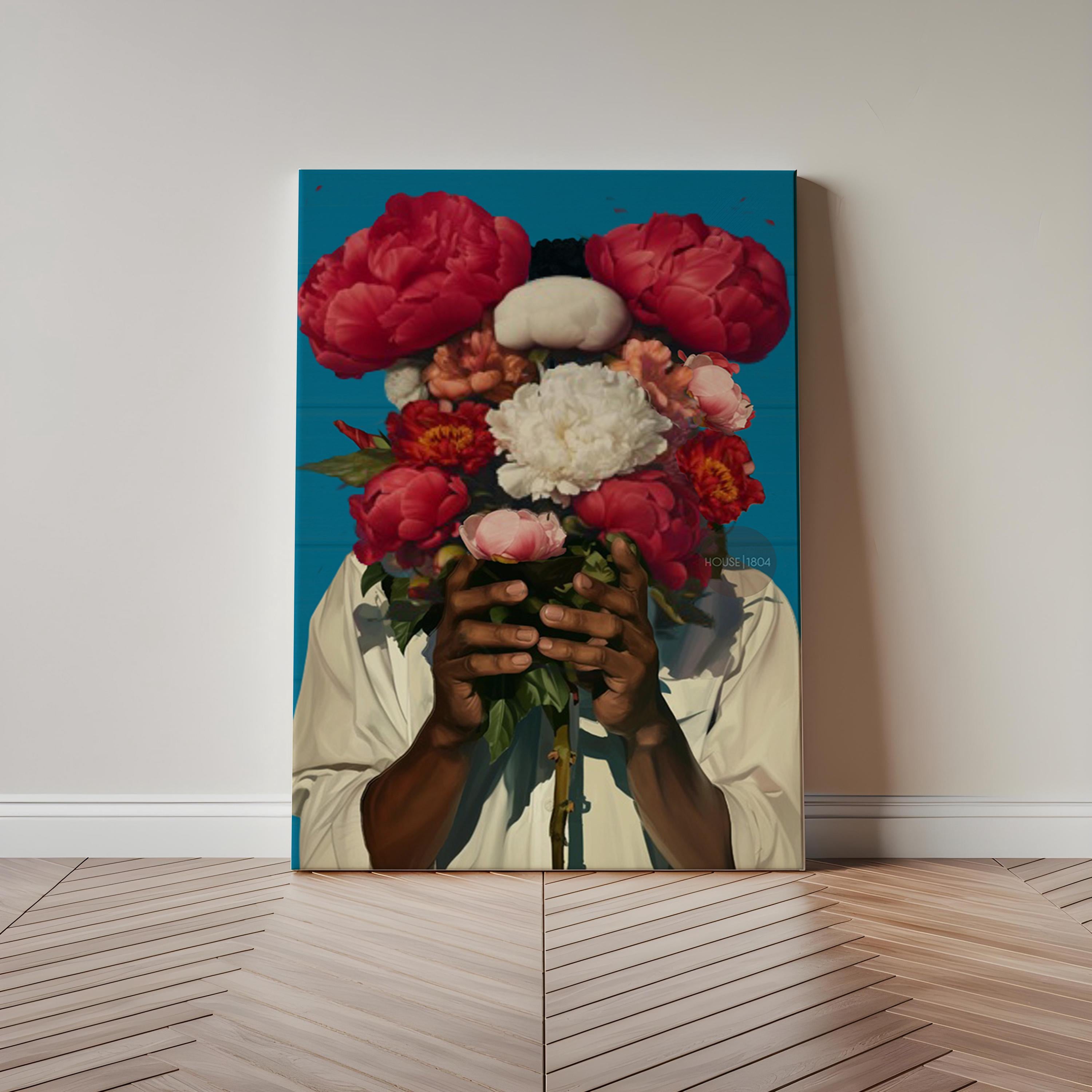 Abstract Floral Portrait Art Print: Black Man Holding Flowers