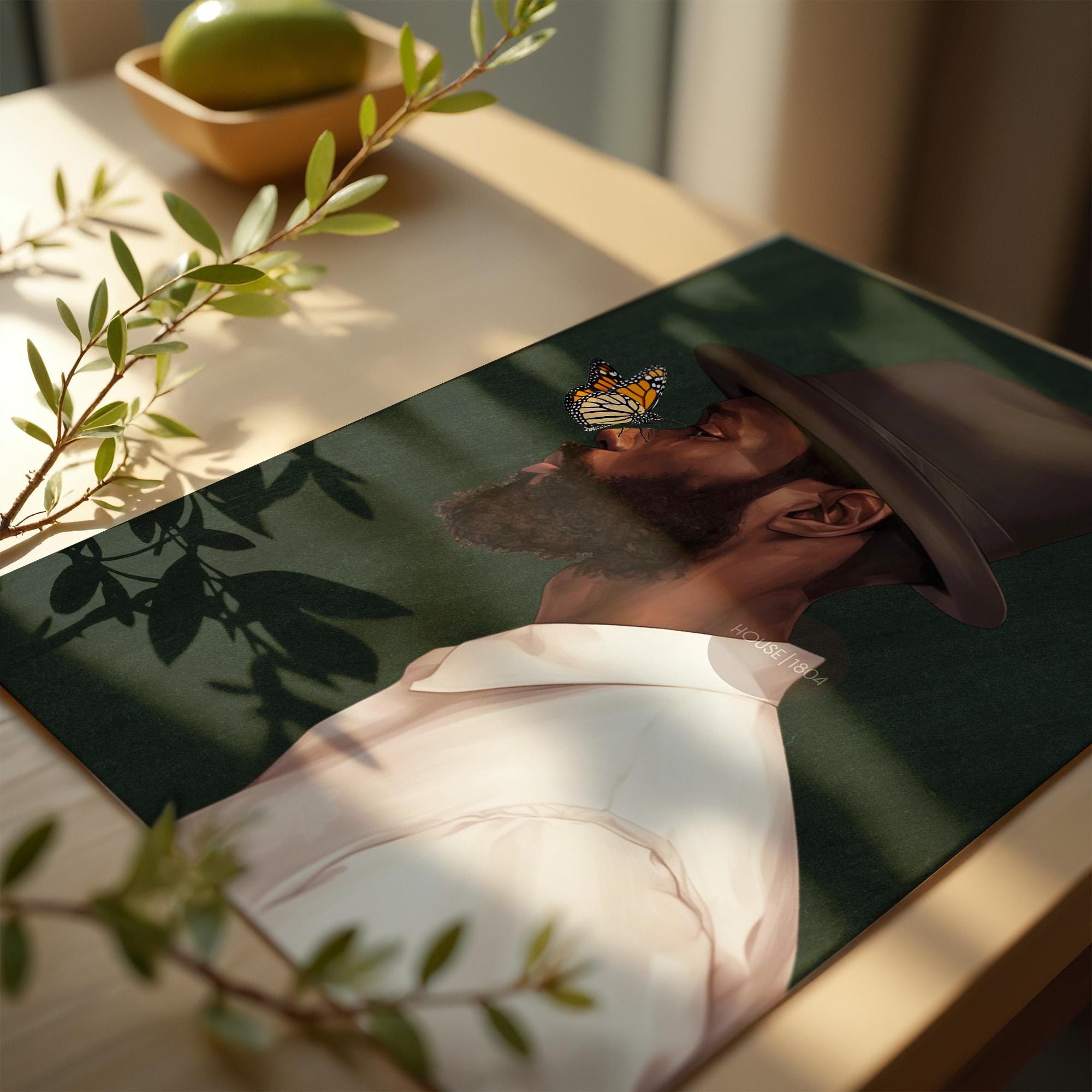 Black Man Side Top Hat Art Print: Butterfly, Afrocentric Green Art Decor