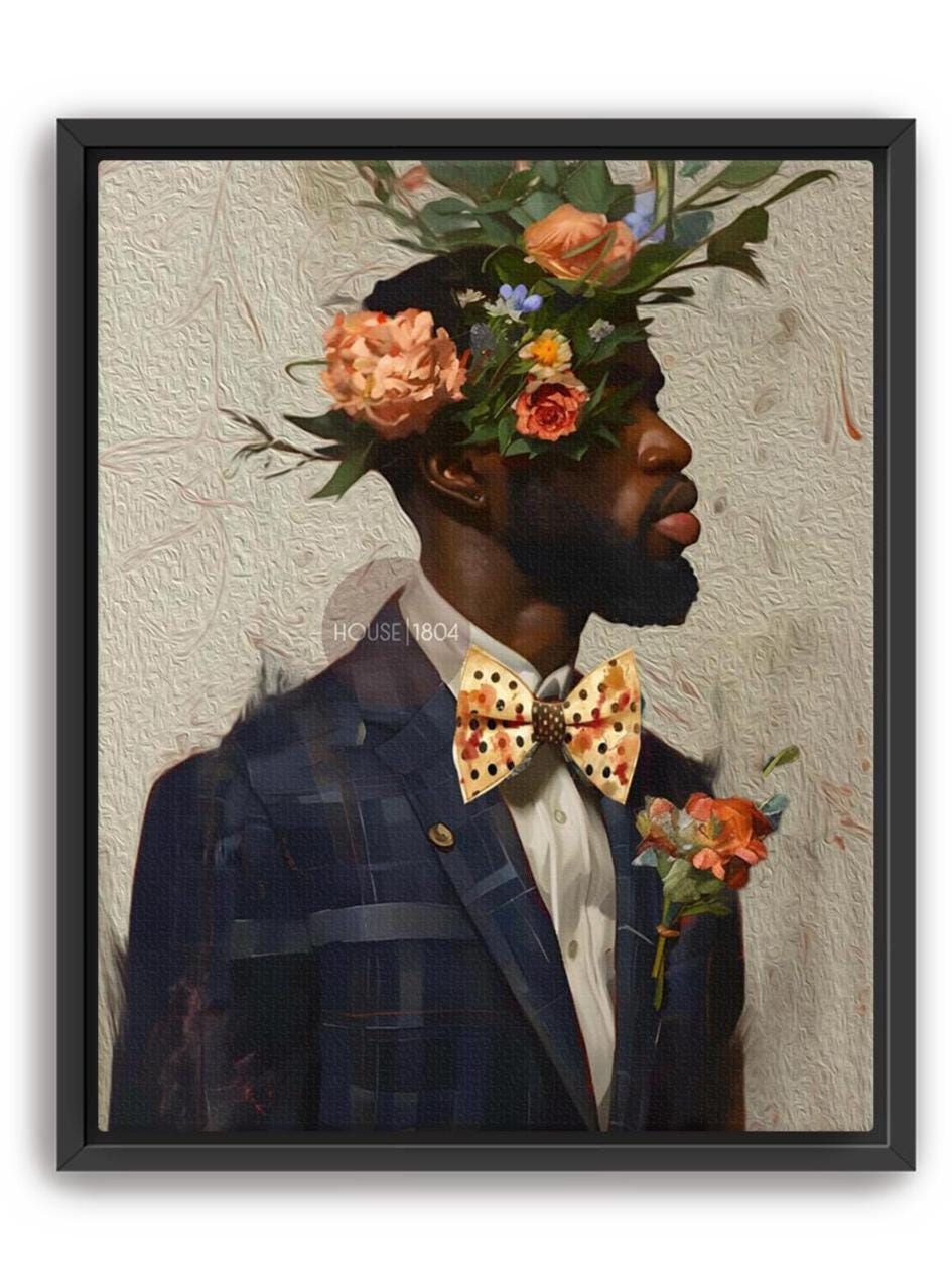 Black Man Suit Wall Art, Flower Beard Art, Vintage Portrait,