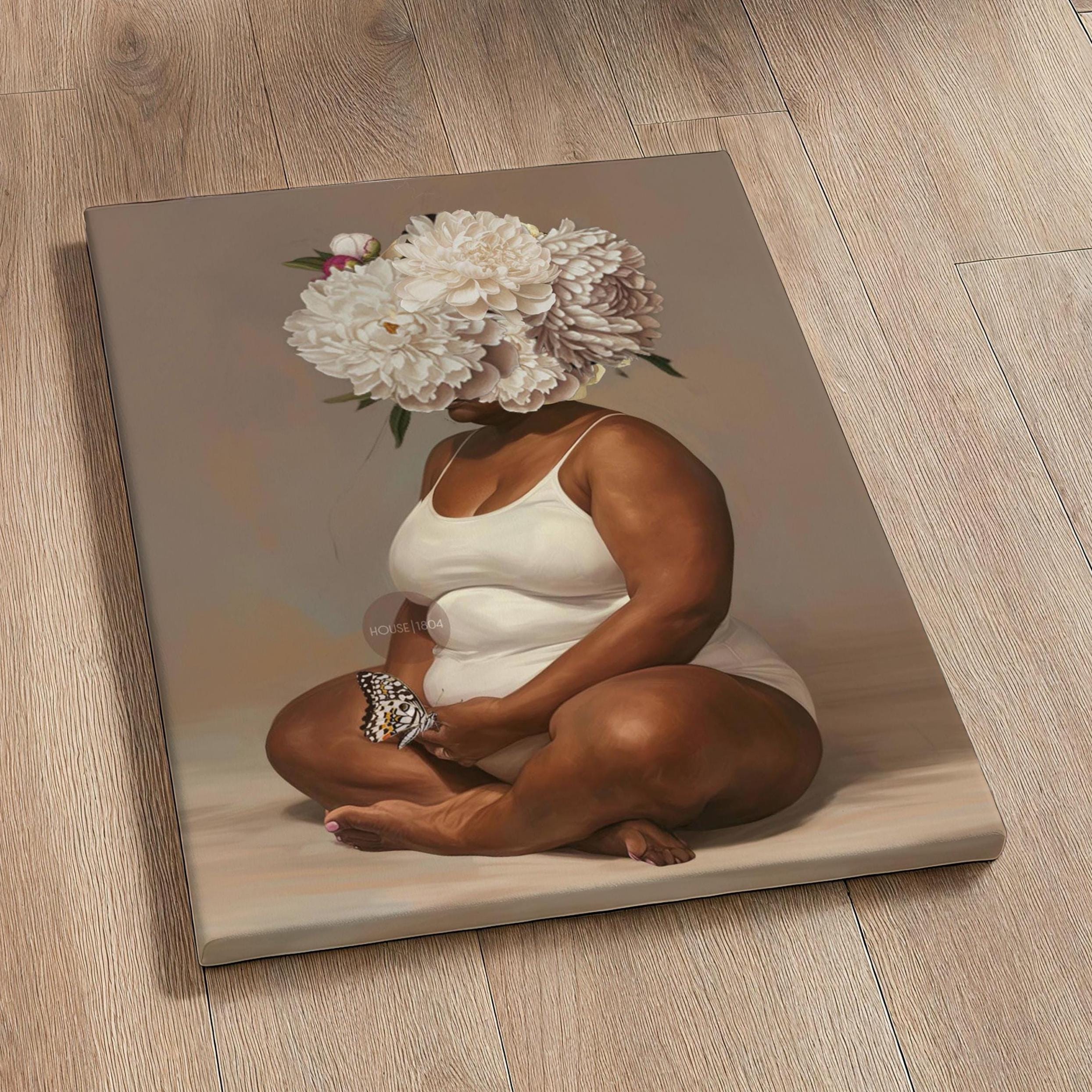 Curvy Black Woman Meditation Canvas: Flower Head Art, Positive Body Art Print