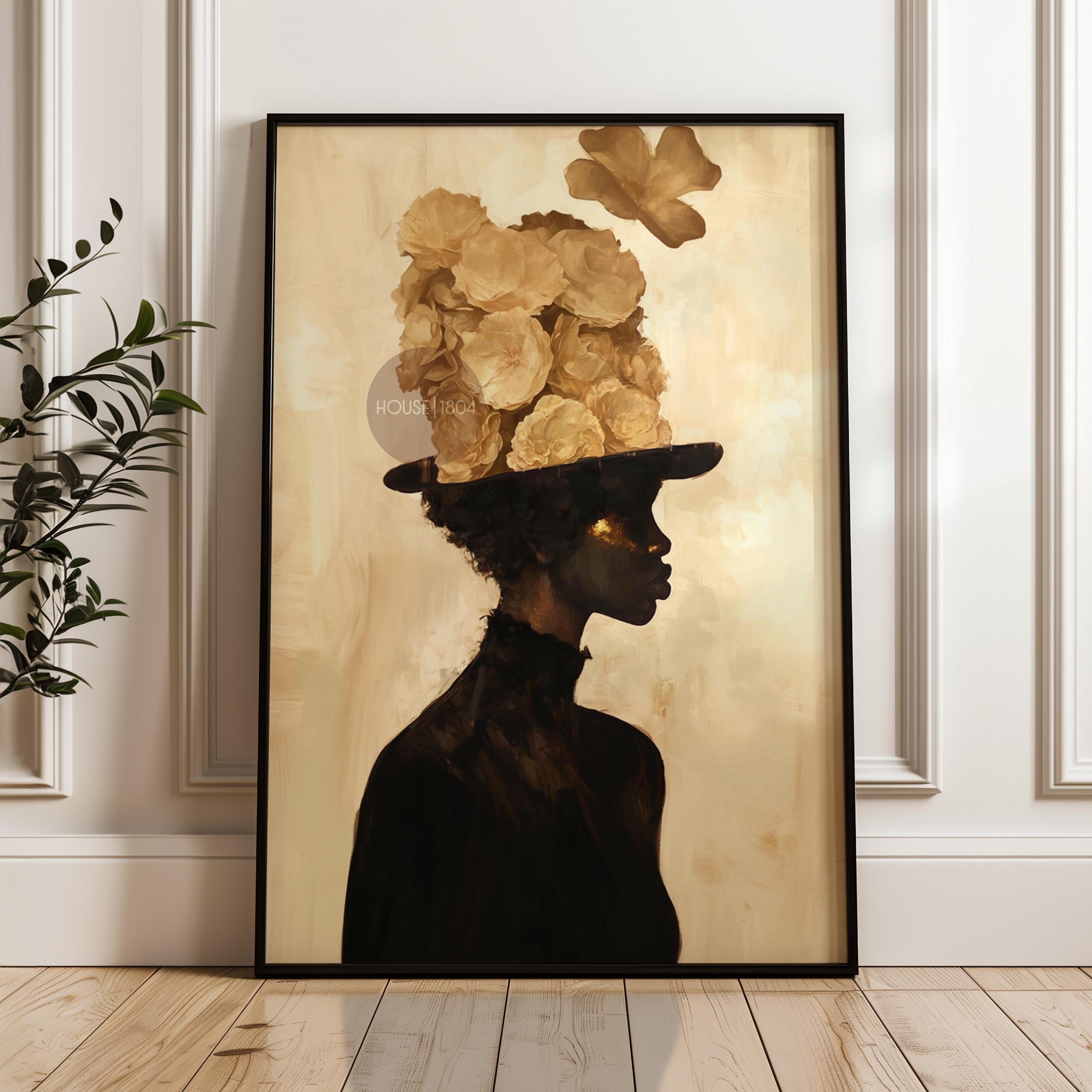 Black Woman Art Print: Gold Accent Abstract, Framed Canvas
