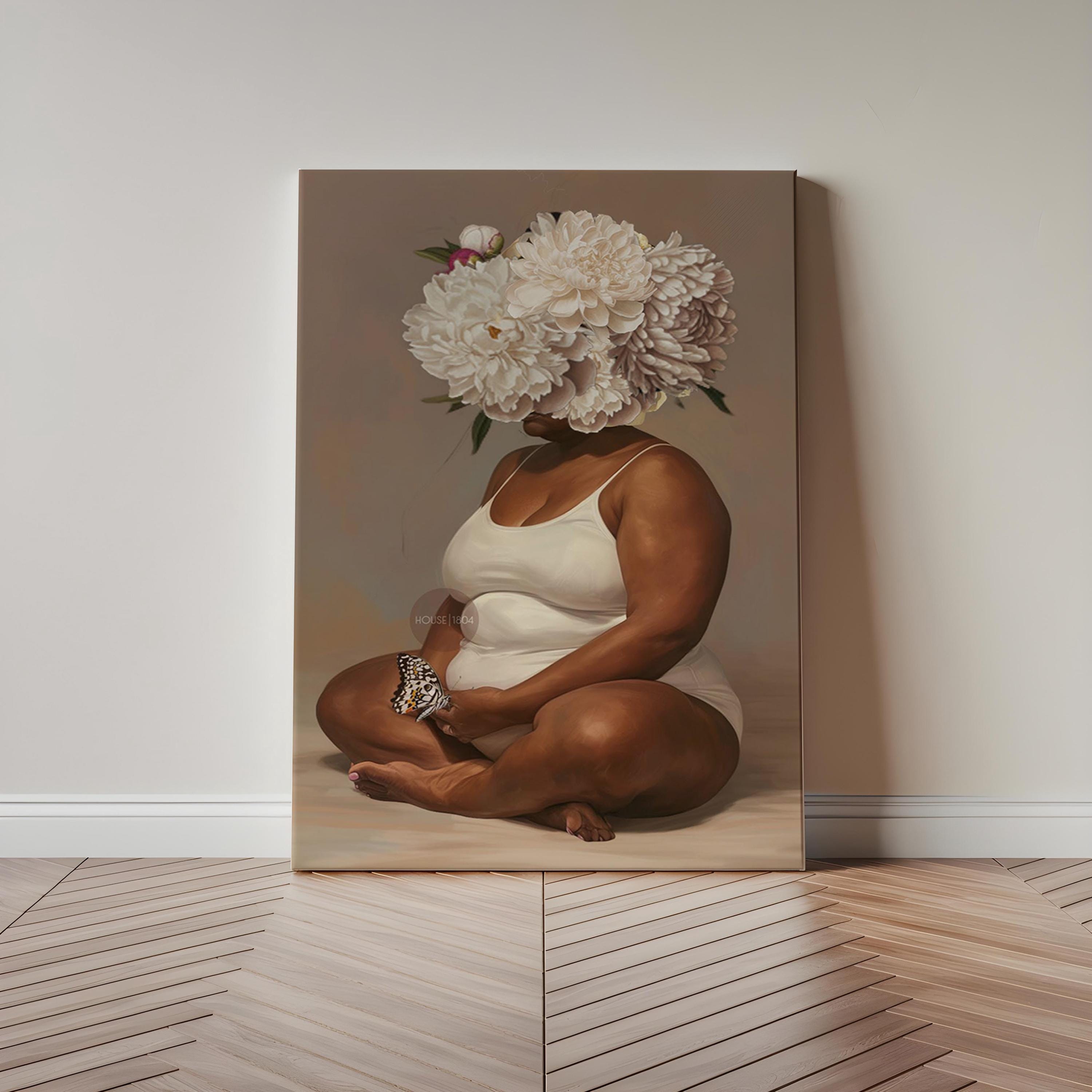 Curvy Black Woman Meditation Canvas: Flower Head Art, Positive Body Art Print