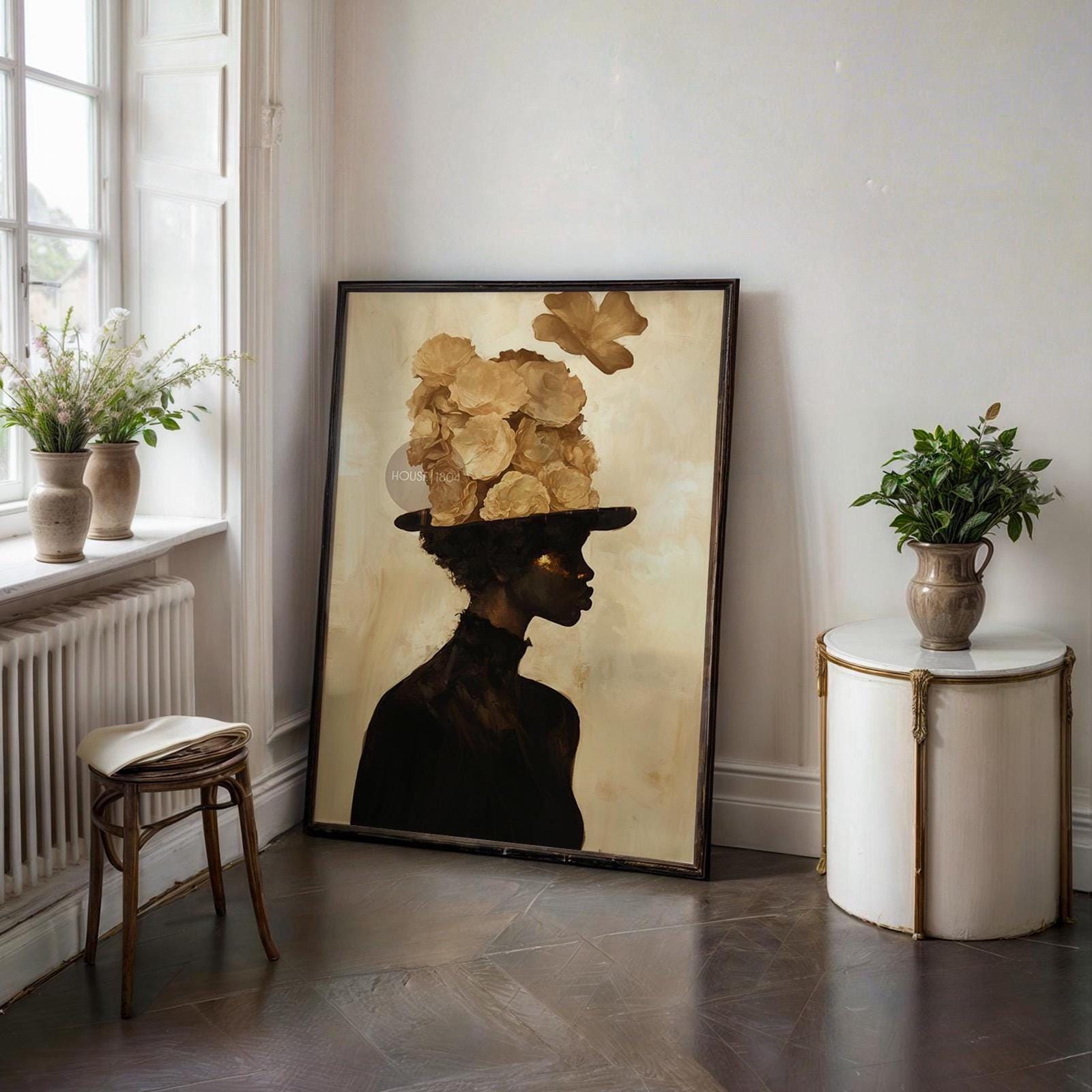 Black Woman Art Print: Gold Accent Abstract, Framed Canvas