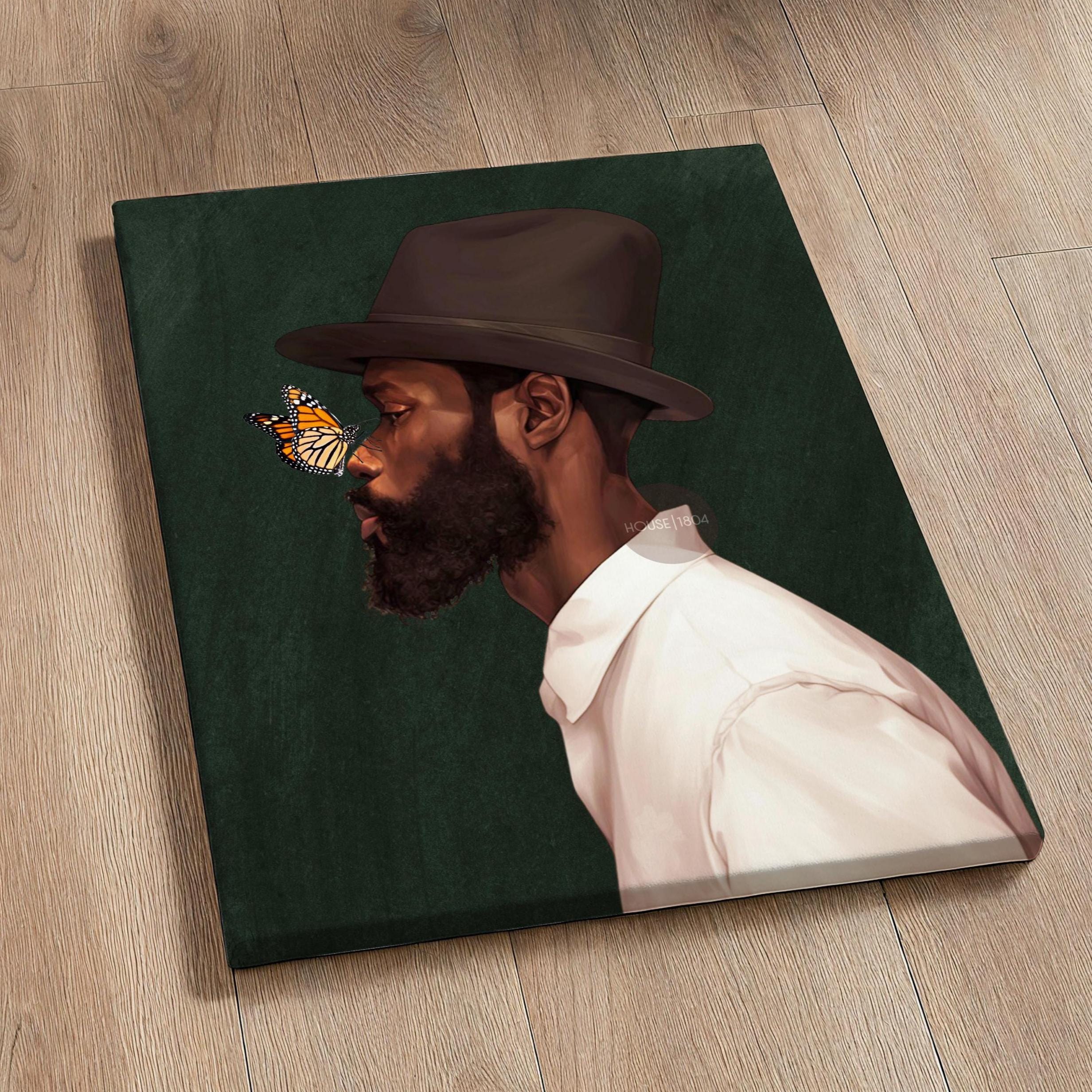 Black Man Side Top Hat Art Print: Butterfly, Afrocentric Green Art Decor