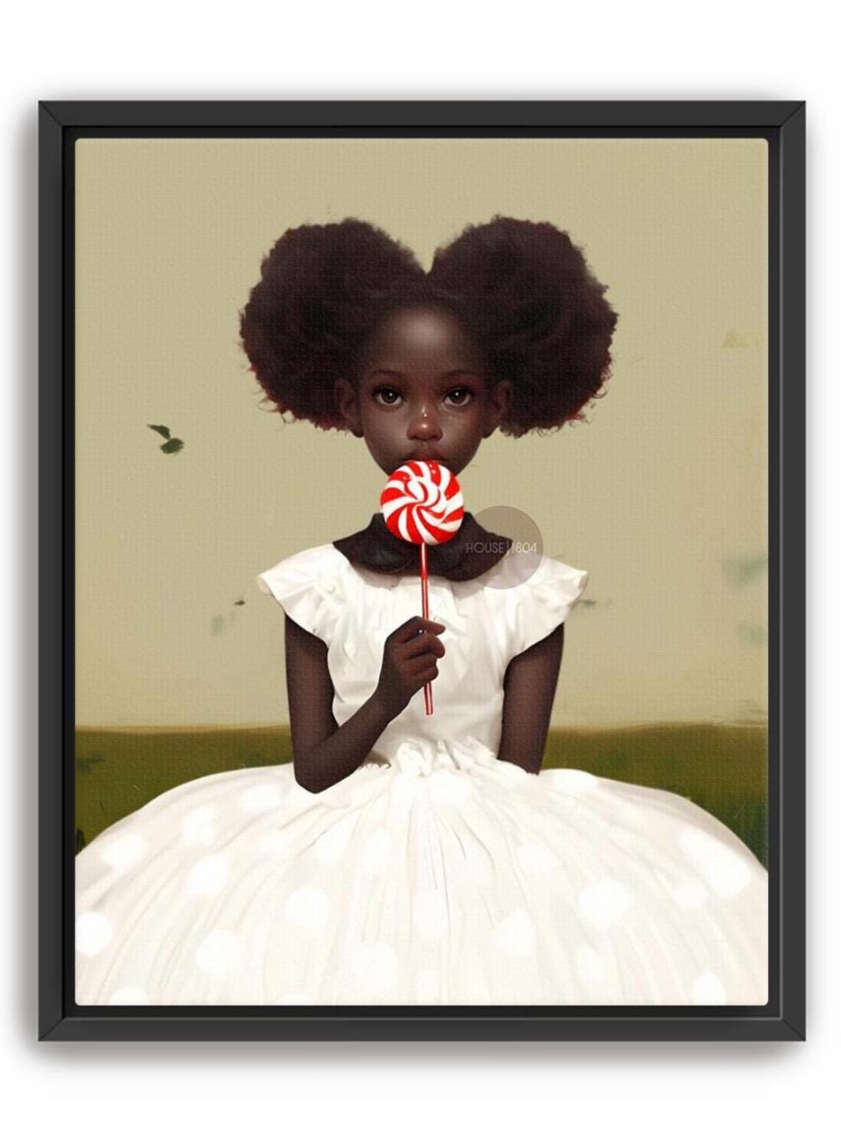 Little Black Girl Wall Art, Lollipop Art, Black Girl Princess Art