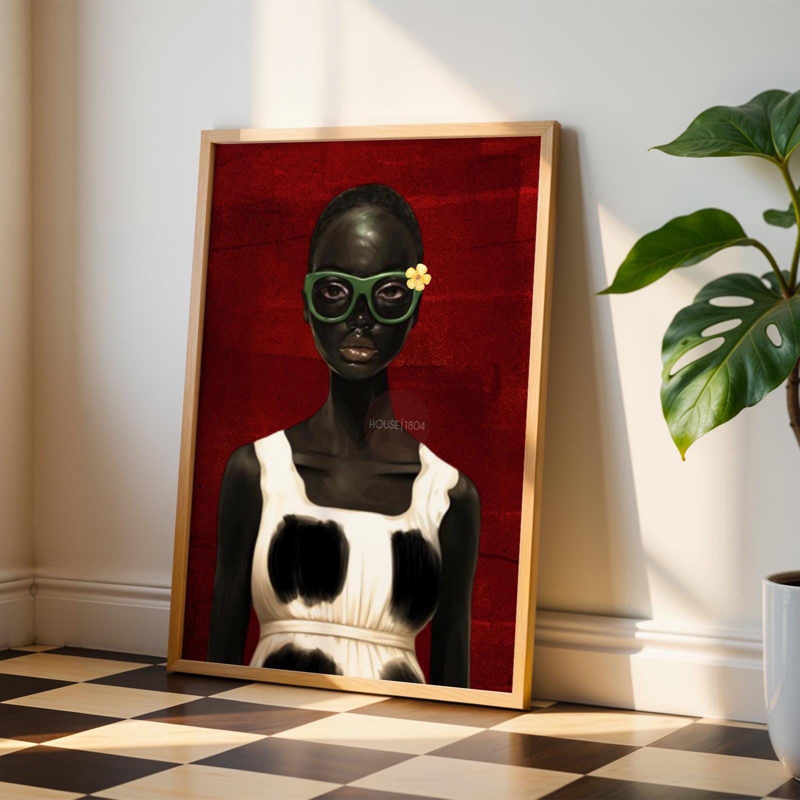 Bold Afrocentric Woman Art Print: Red, Black, White Decor