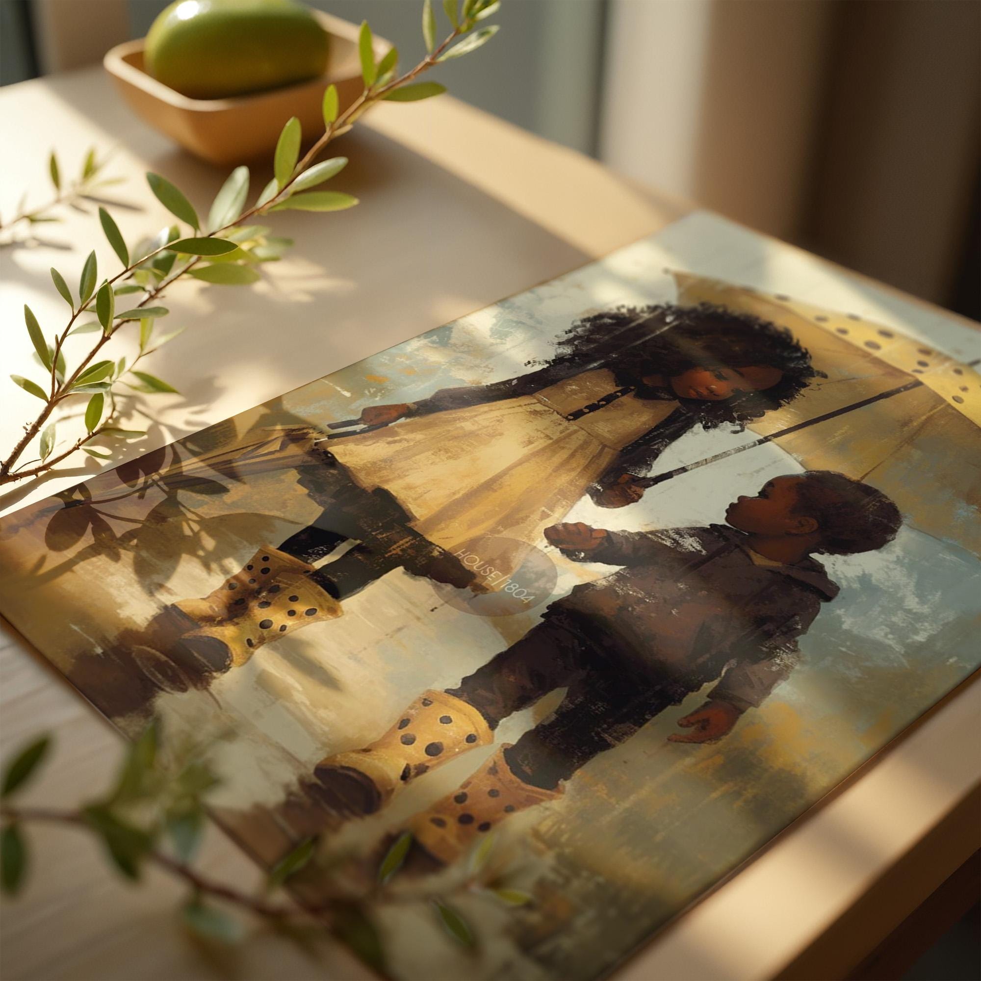 Black Sibling Art Print: Brother and Sister in Rain