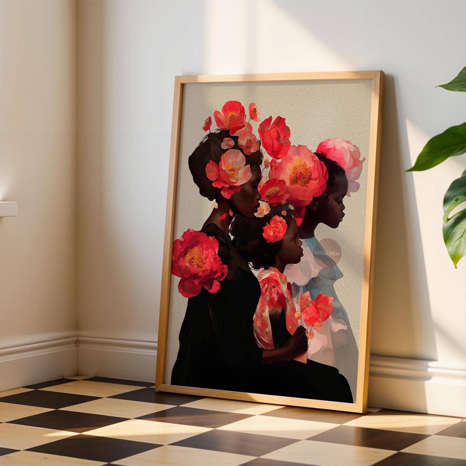 Black Mother and Two Daughters Framed Canvas Wall Art Print: