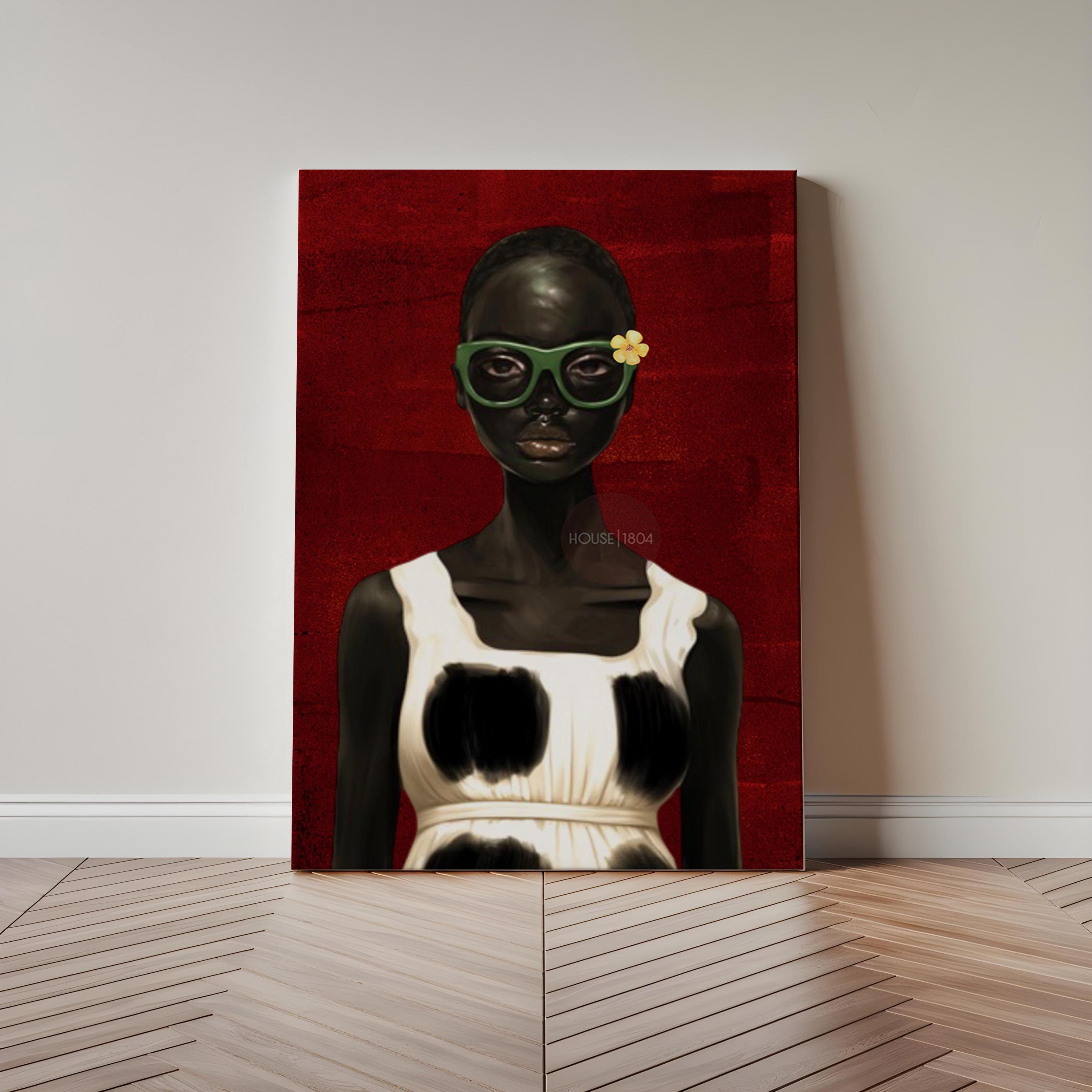 Bold Afrocentric Woman Art Print: Red, Black, White Decor