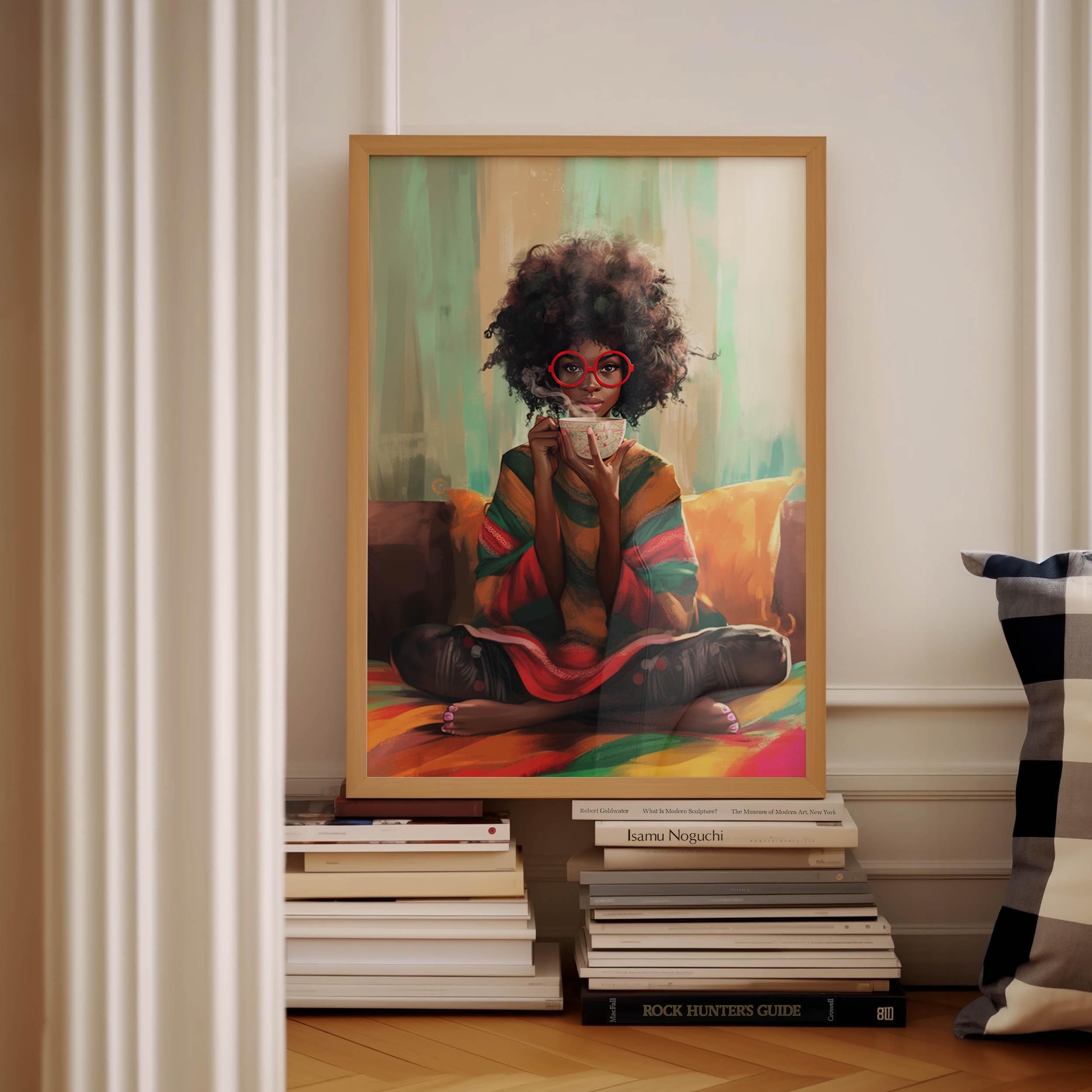 Black Woman Coffee Tea Wall Art, Girl with Coffee Poster, Afro Wall Art, Black Woman Print, Black Bohemian Art, Black Woman Wall Art