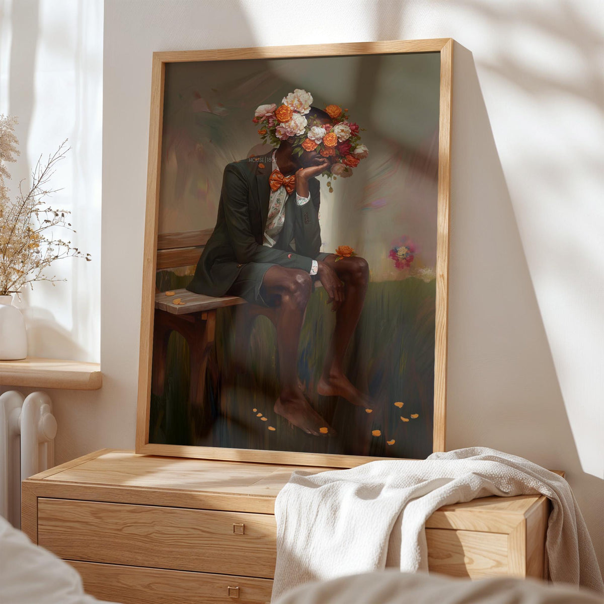 Afrocentric Man Floral Canvas Art, Black Masculine Portrait, Male Flower Head Artwork