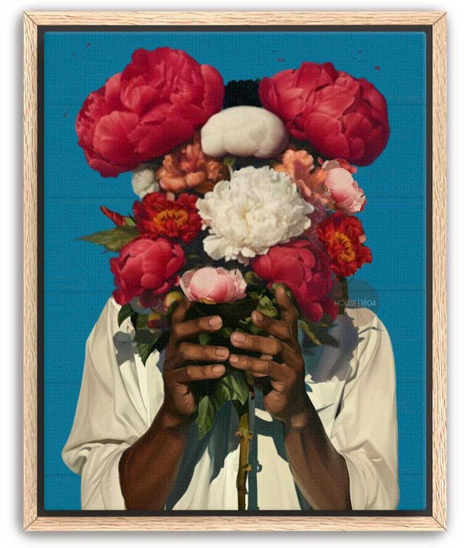 Abstract Floral Portrait Art Print: Black Man Holding Flowers