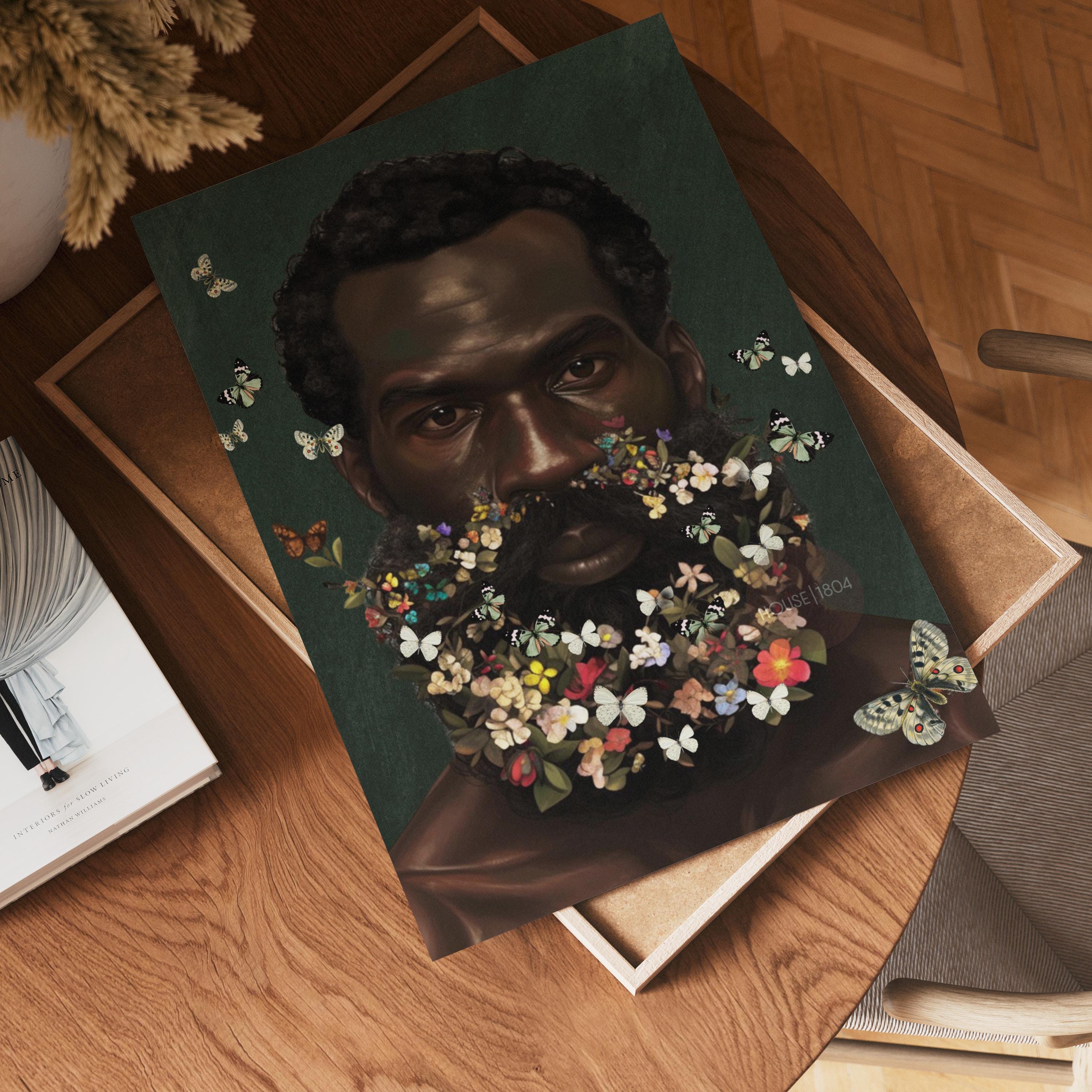 Floral Beard Art Print: Masculine Black Art, Melanin Home Decor