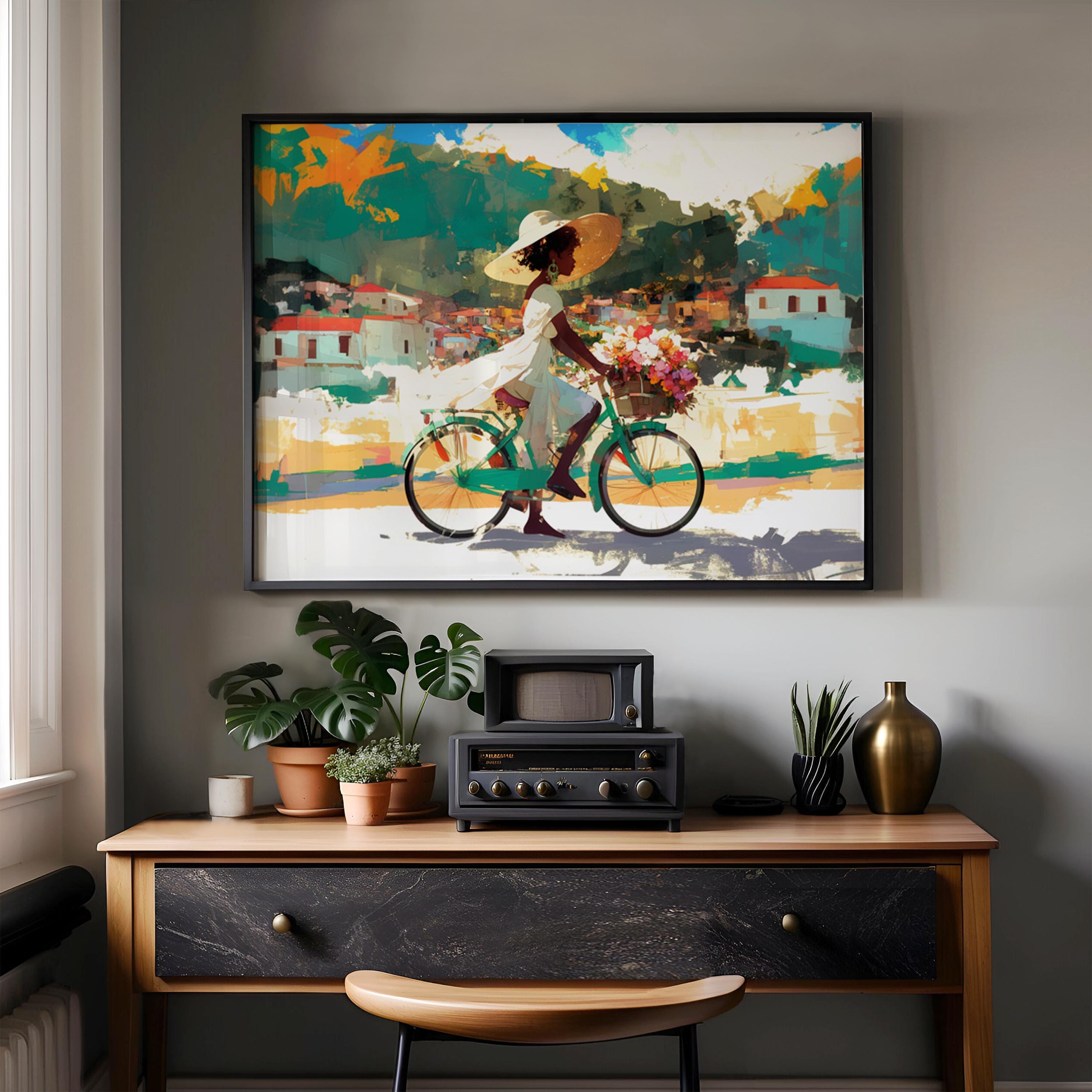 Black Woman Riding Bicycle Artwork, Caribbean Countryside Art