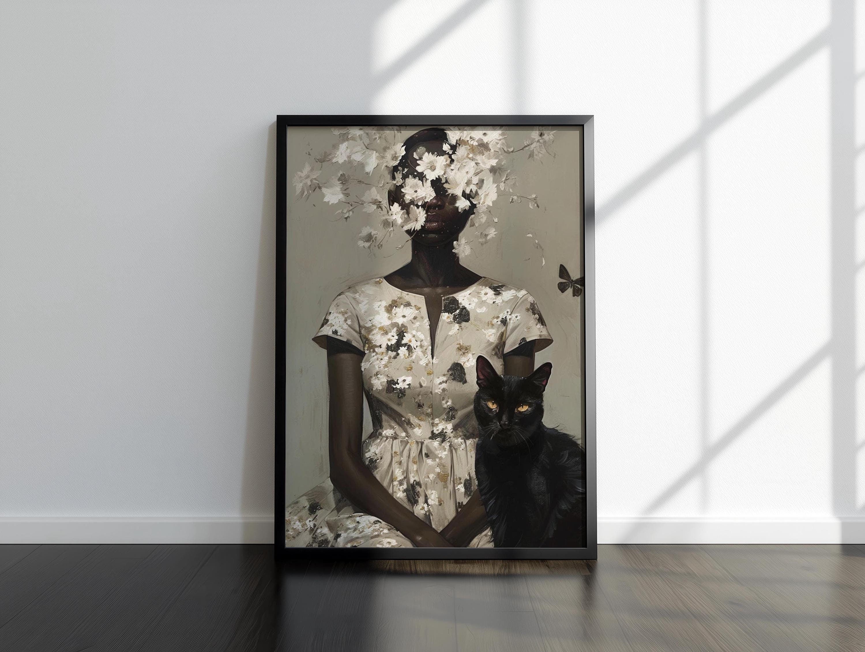 Black Woman and Cats, Black Woman Cat Lady, Black Cat Lady, Black People Pets, Lady with Cat Art, Abstract Black Woman Art, Cat Lady, Floral